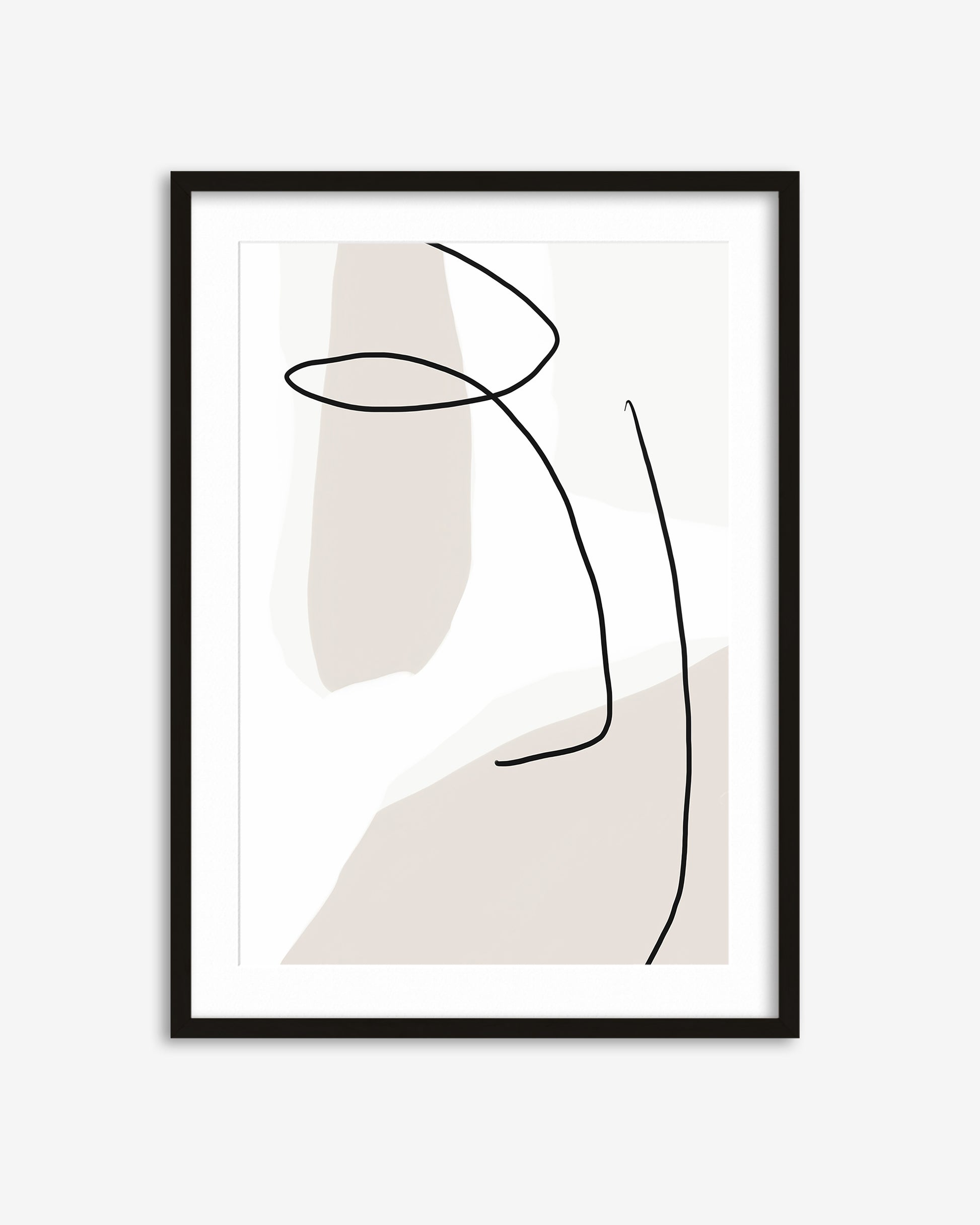 Abstract art print with black line drawing on a beige background in a black frame.