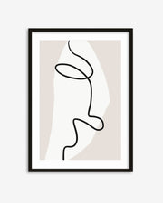 Framed abstract line art of a face on a beige background