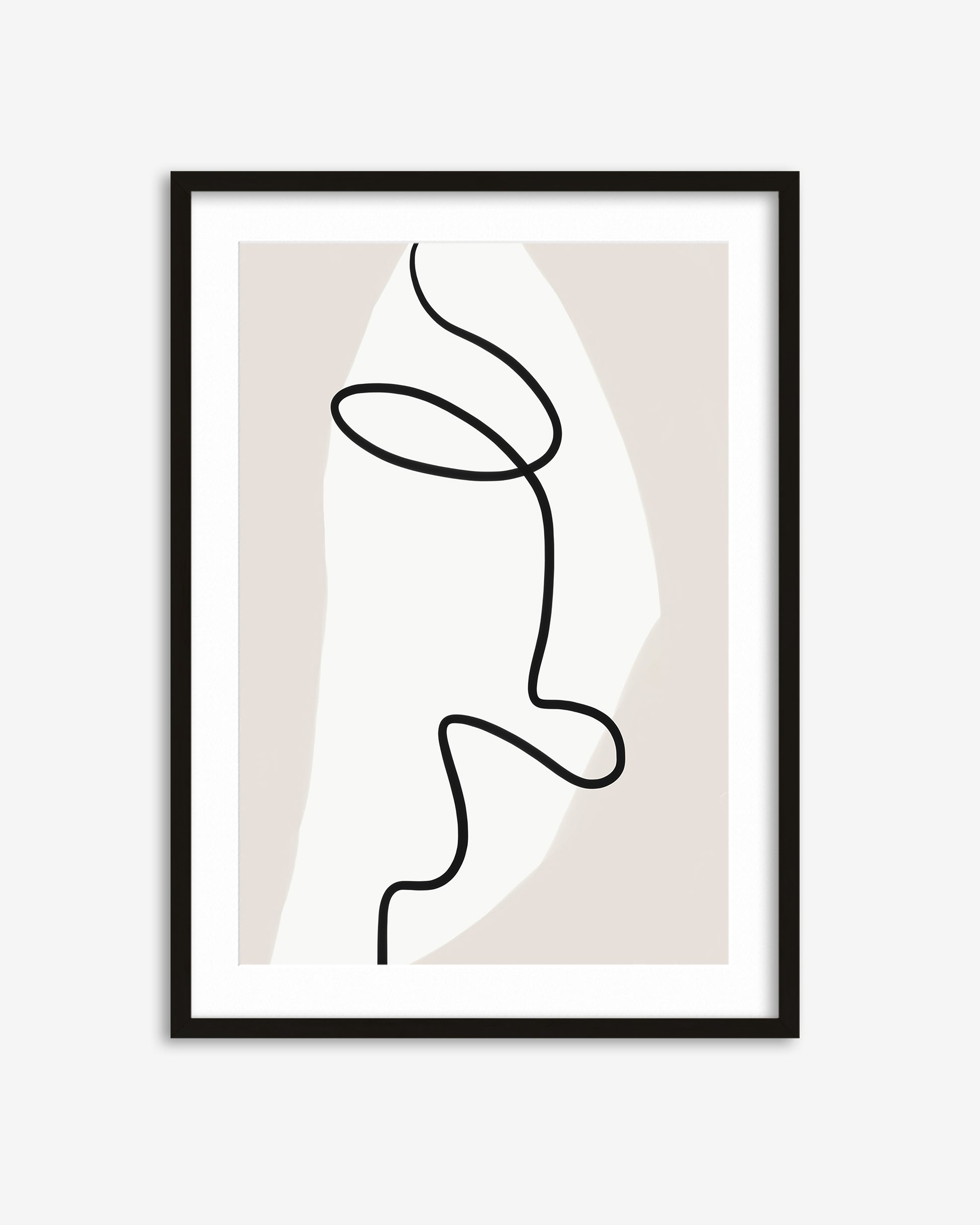 Framed abstract line art of a face on a beige background