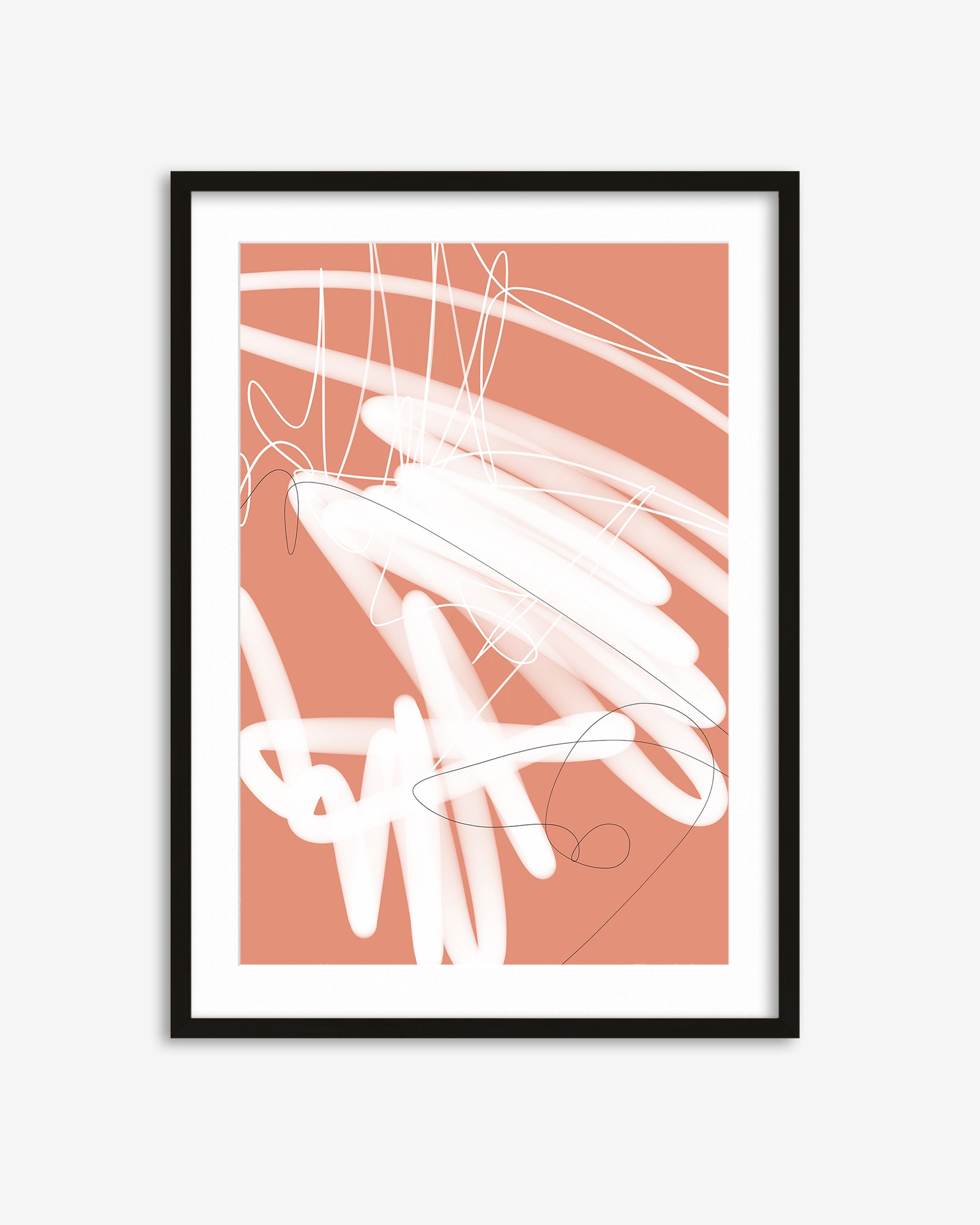Framed abstract art print with white lines on a coral background