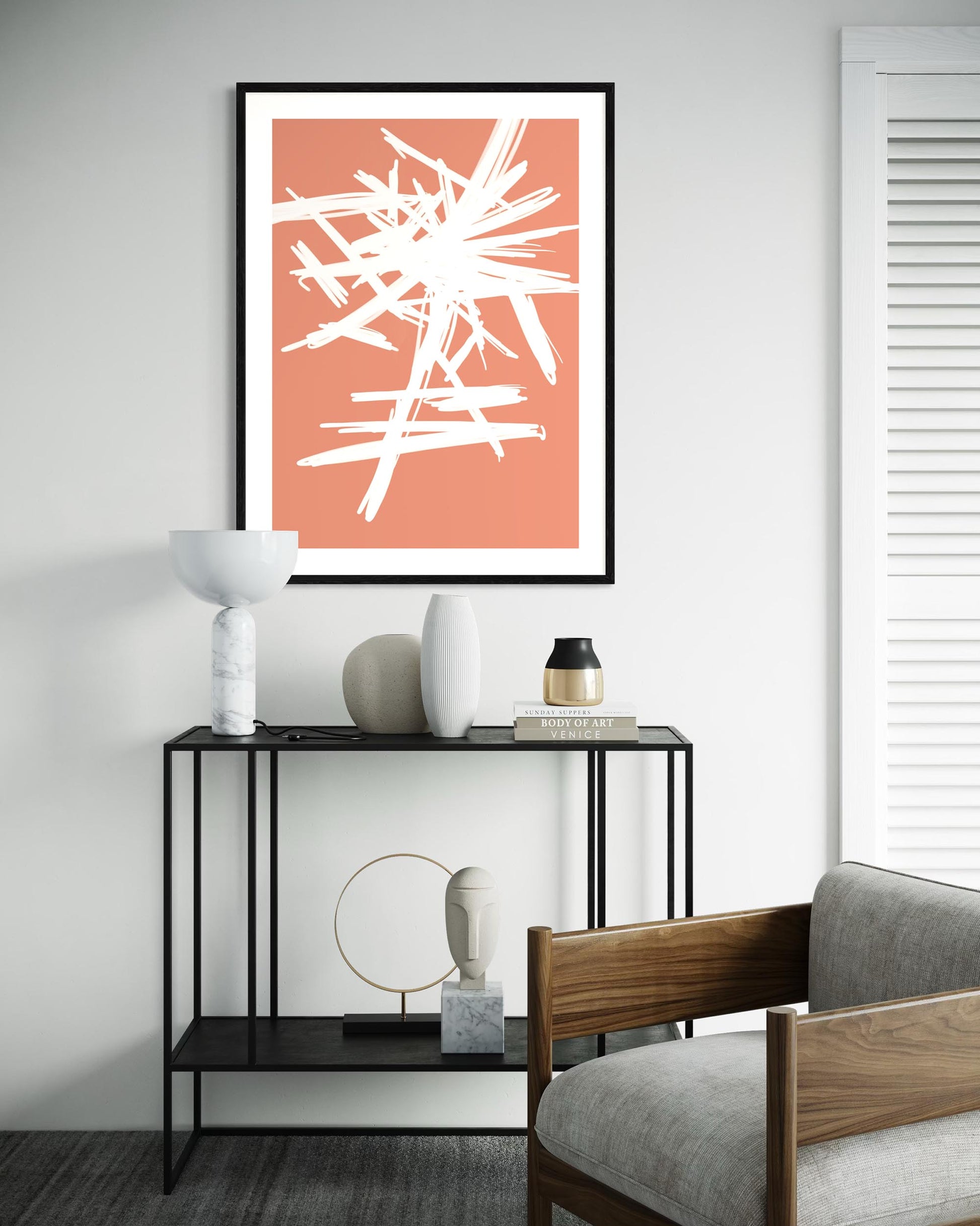 Modern interior with a console table and abstract art on the wall