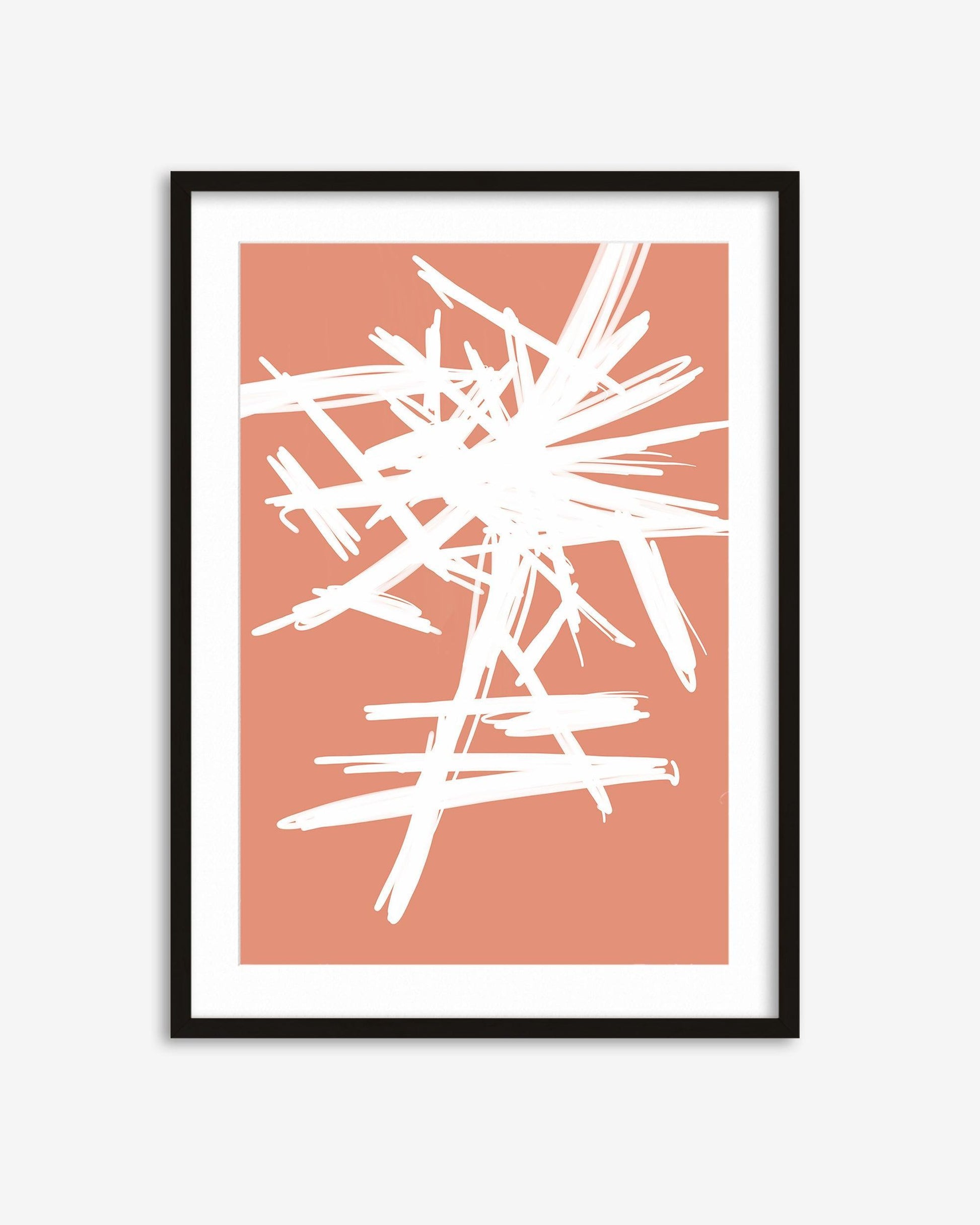 Framed abstract art print with white lines on a coral background