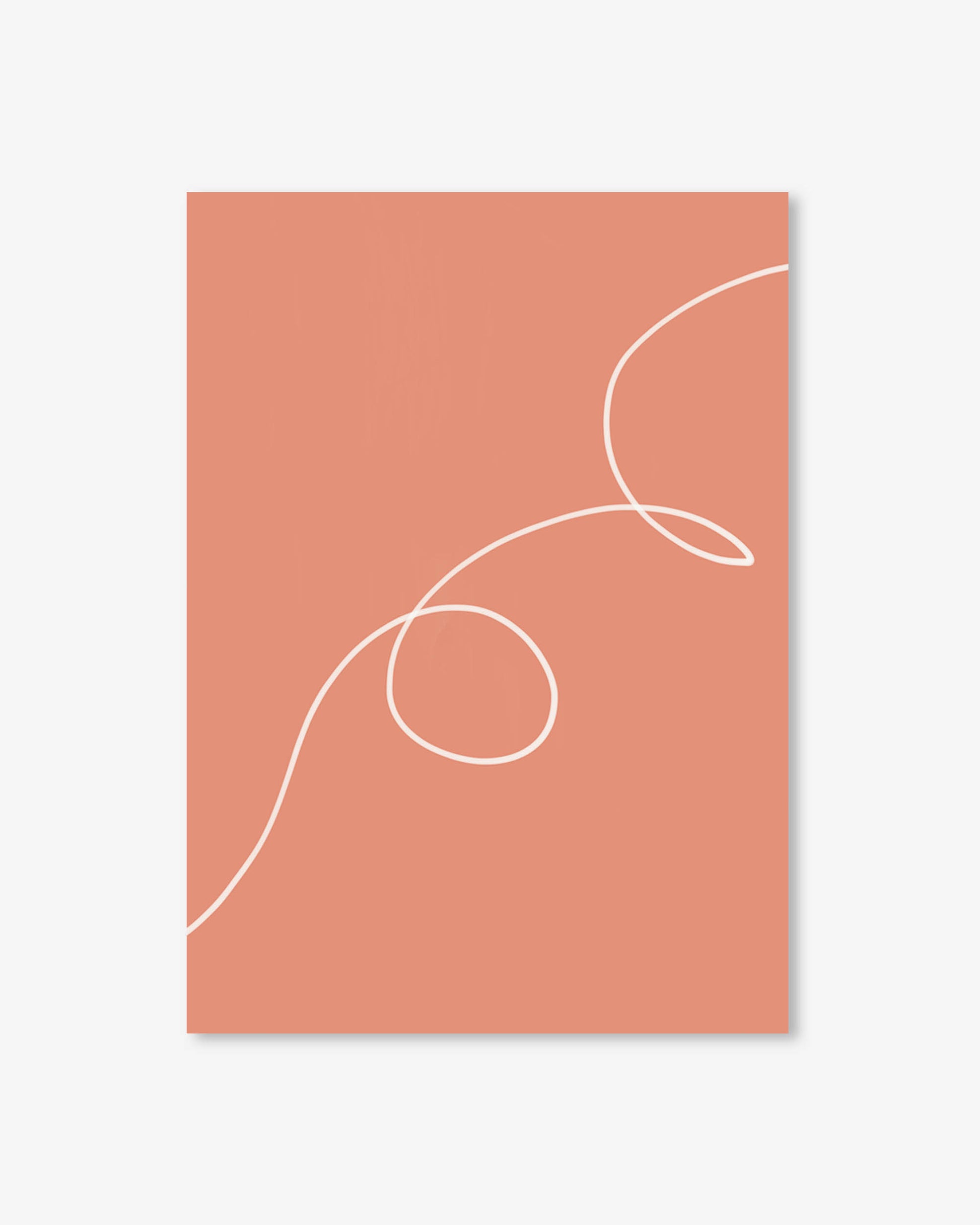 Coral-colored poster with a white line design on a light gray background