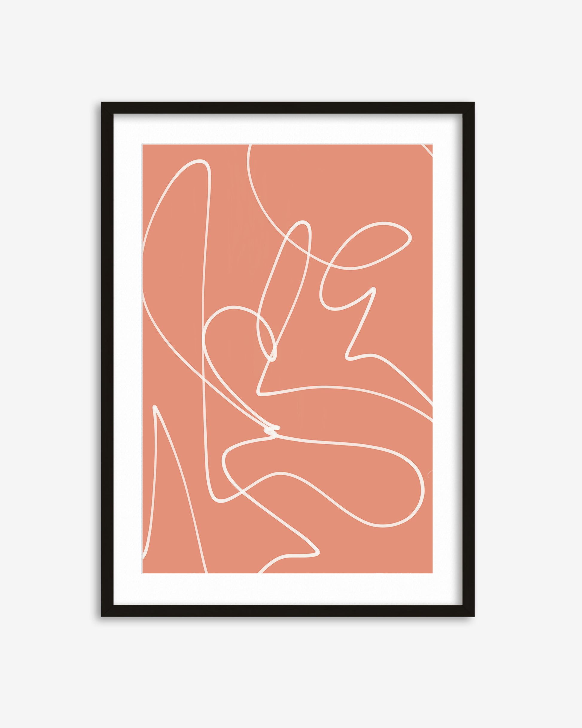 Framed abstract art print with white lines on a pink background