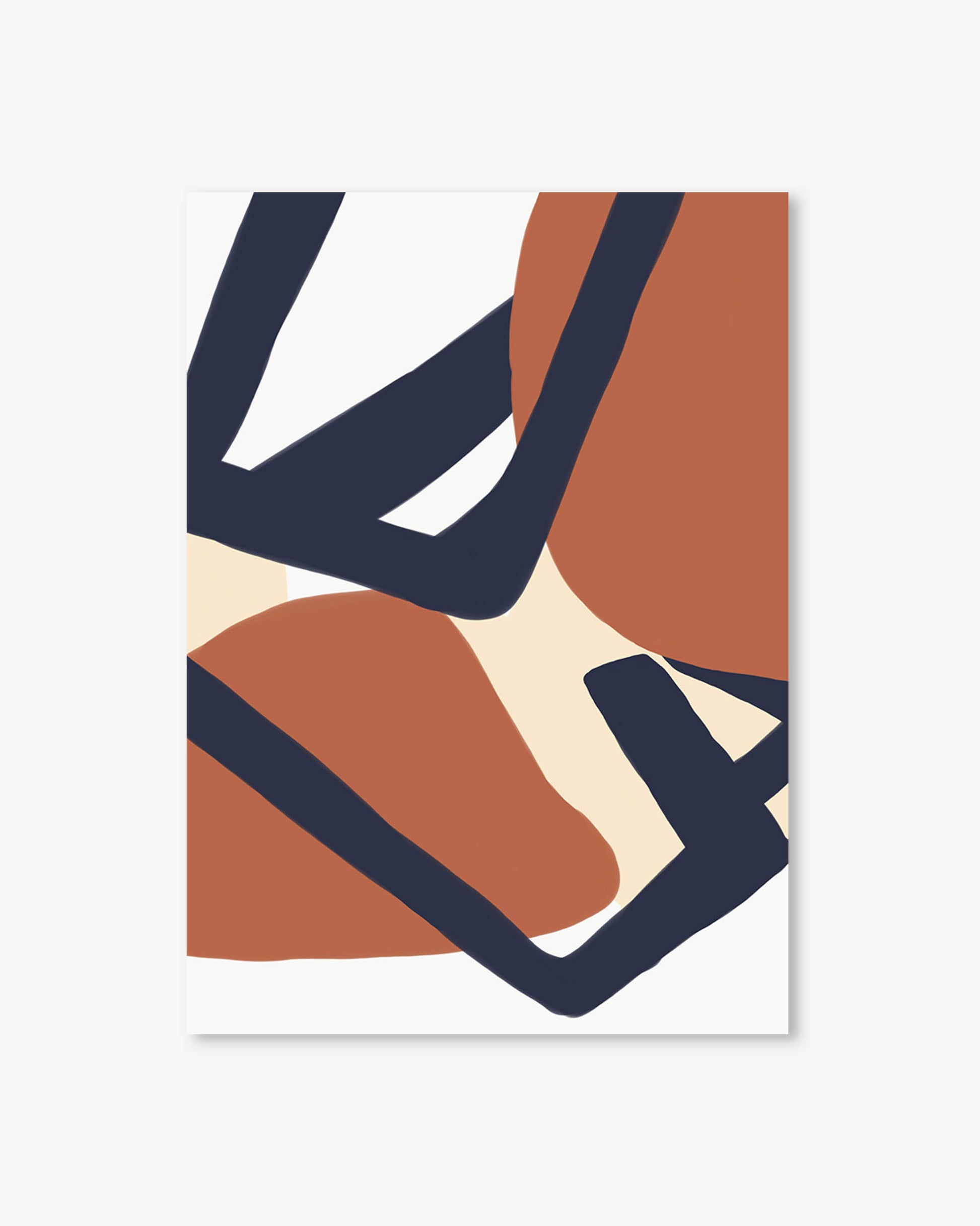 Abstract art print with geometric shapes in brown, blue, and beige on a light gray background