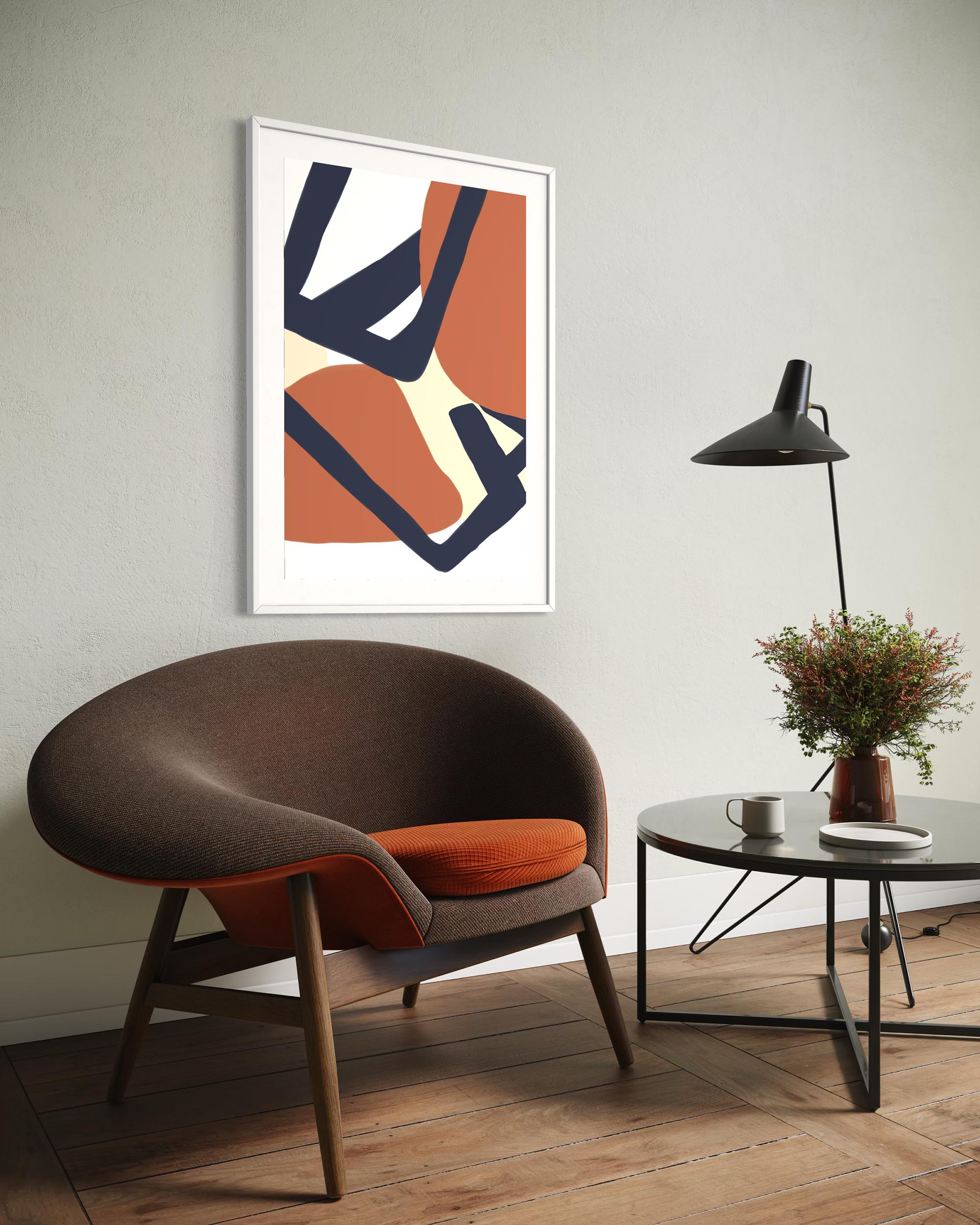 large abstract art print on wall above modern chair