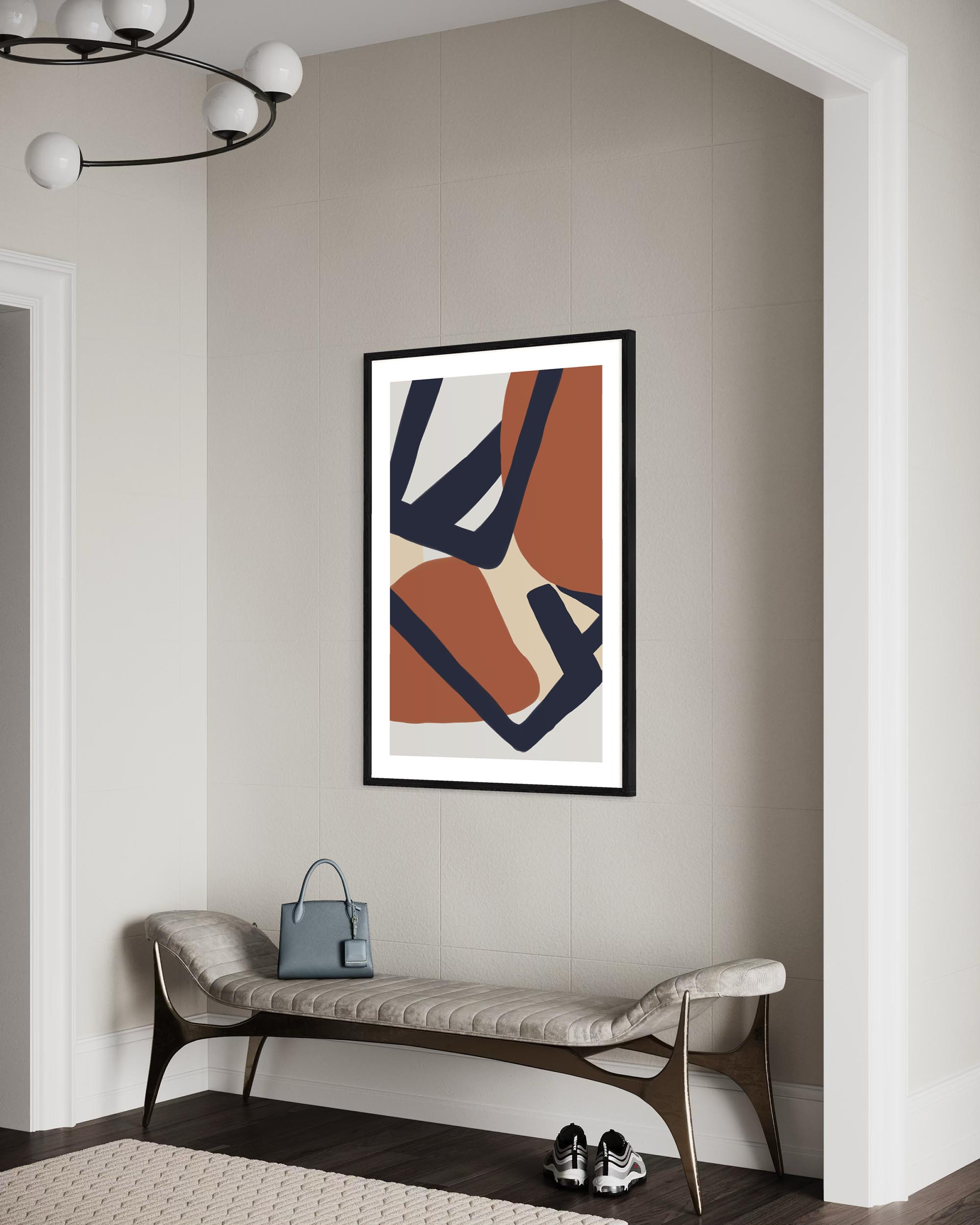 large framed abstract artwork on wall in hallway