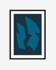 Framed artwork with blue abstract design on a white background
