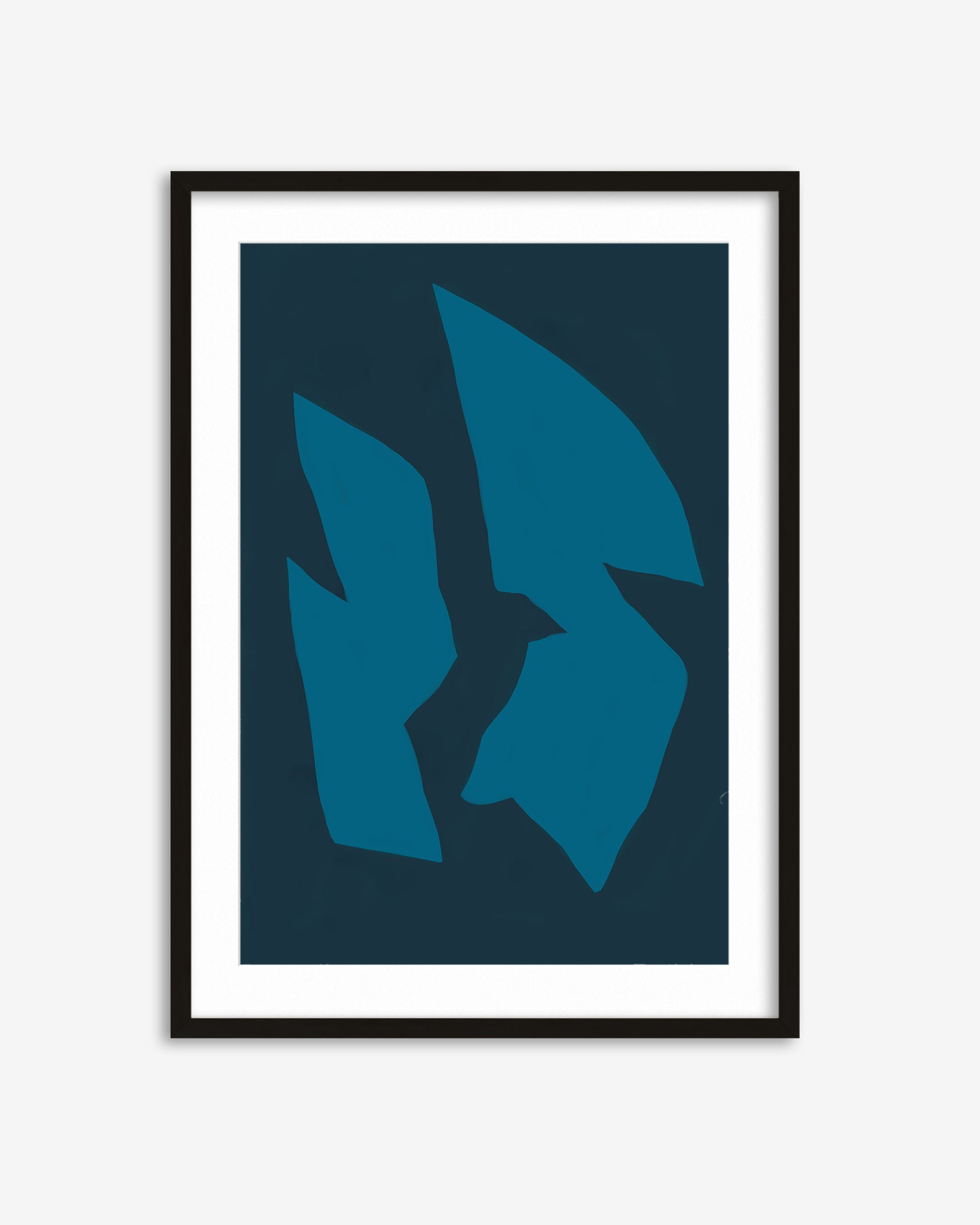 Framed artwork with blue abstract design on a white background