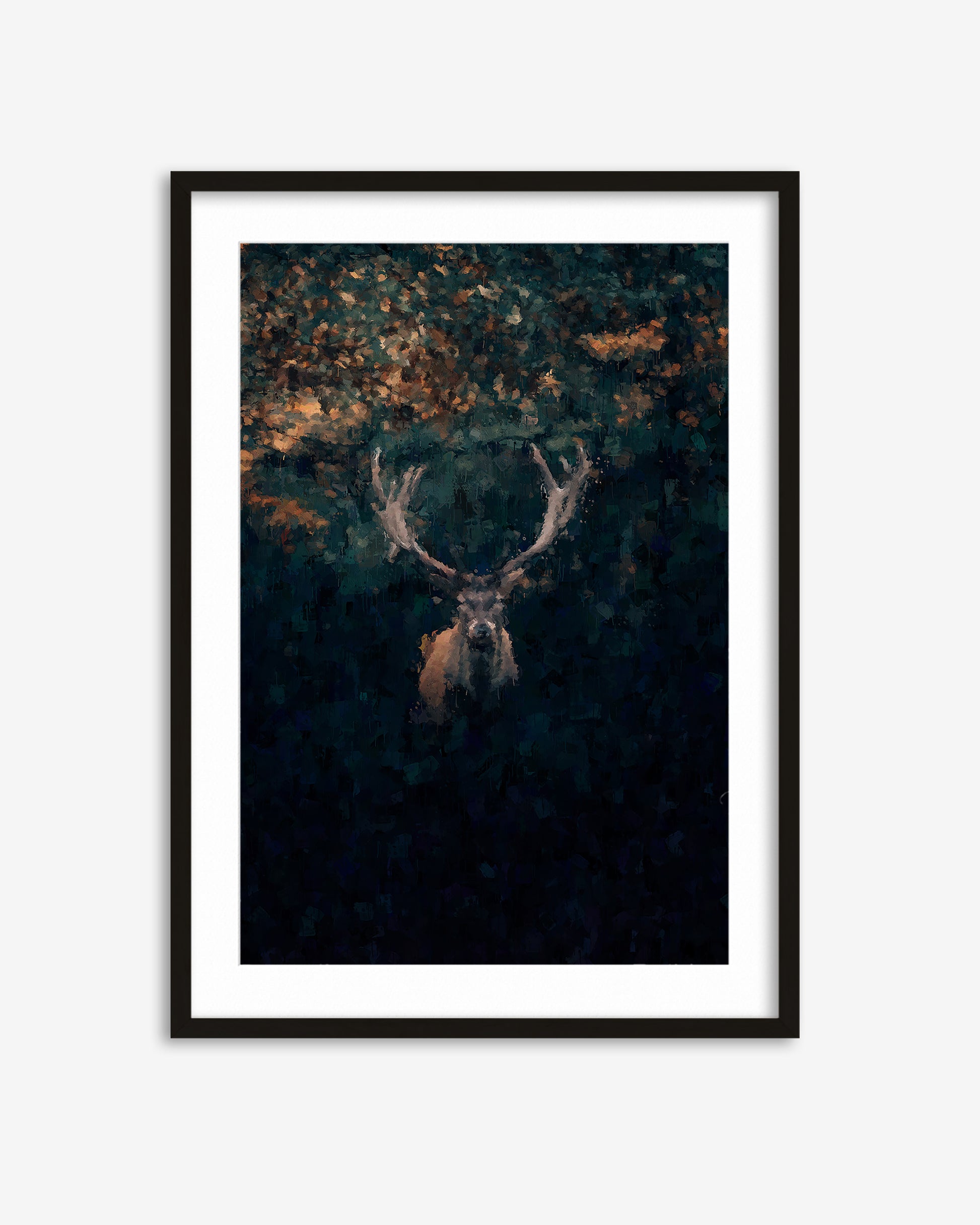 Framed artwork of a deer in a forest on a white background