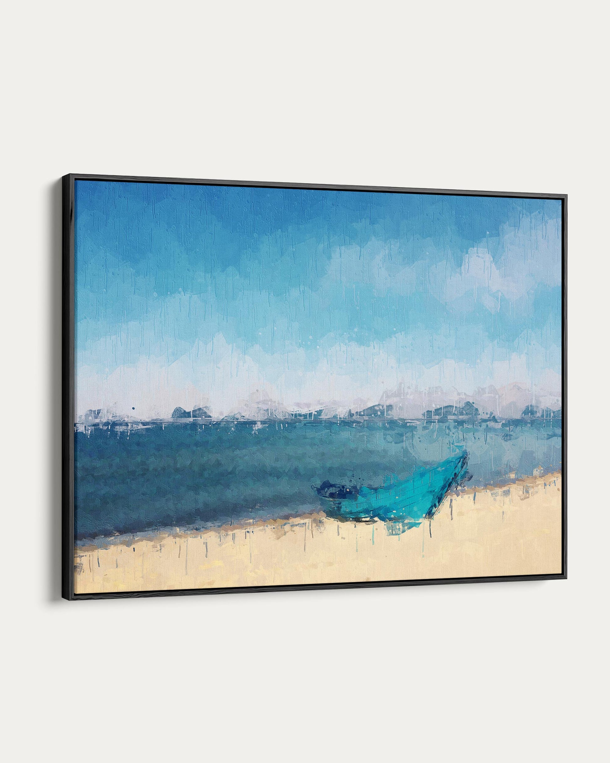 Framed artwork of a beach scene with a blue boat on a white background