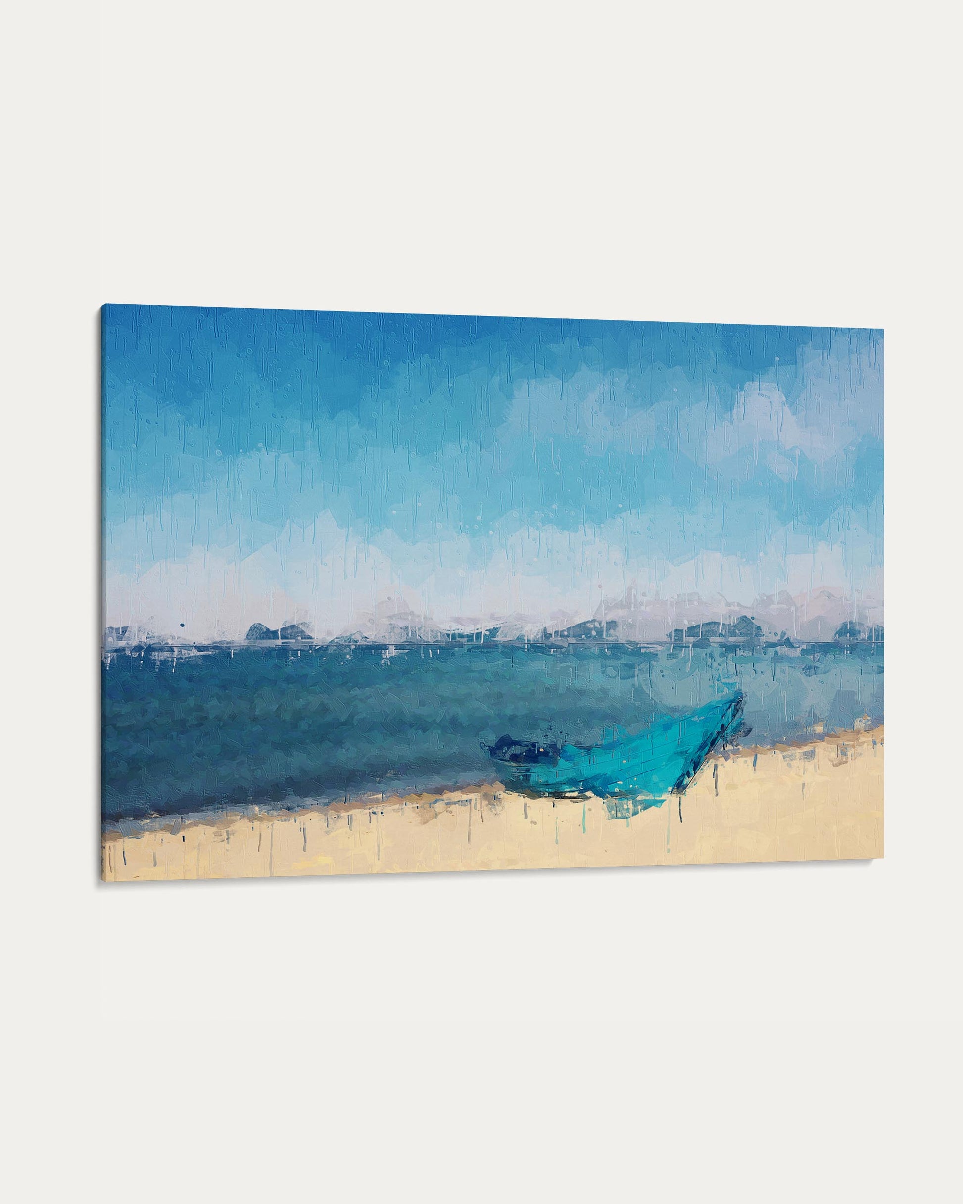 Canvas print of a beach scene with a blue tarp on a white background