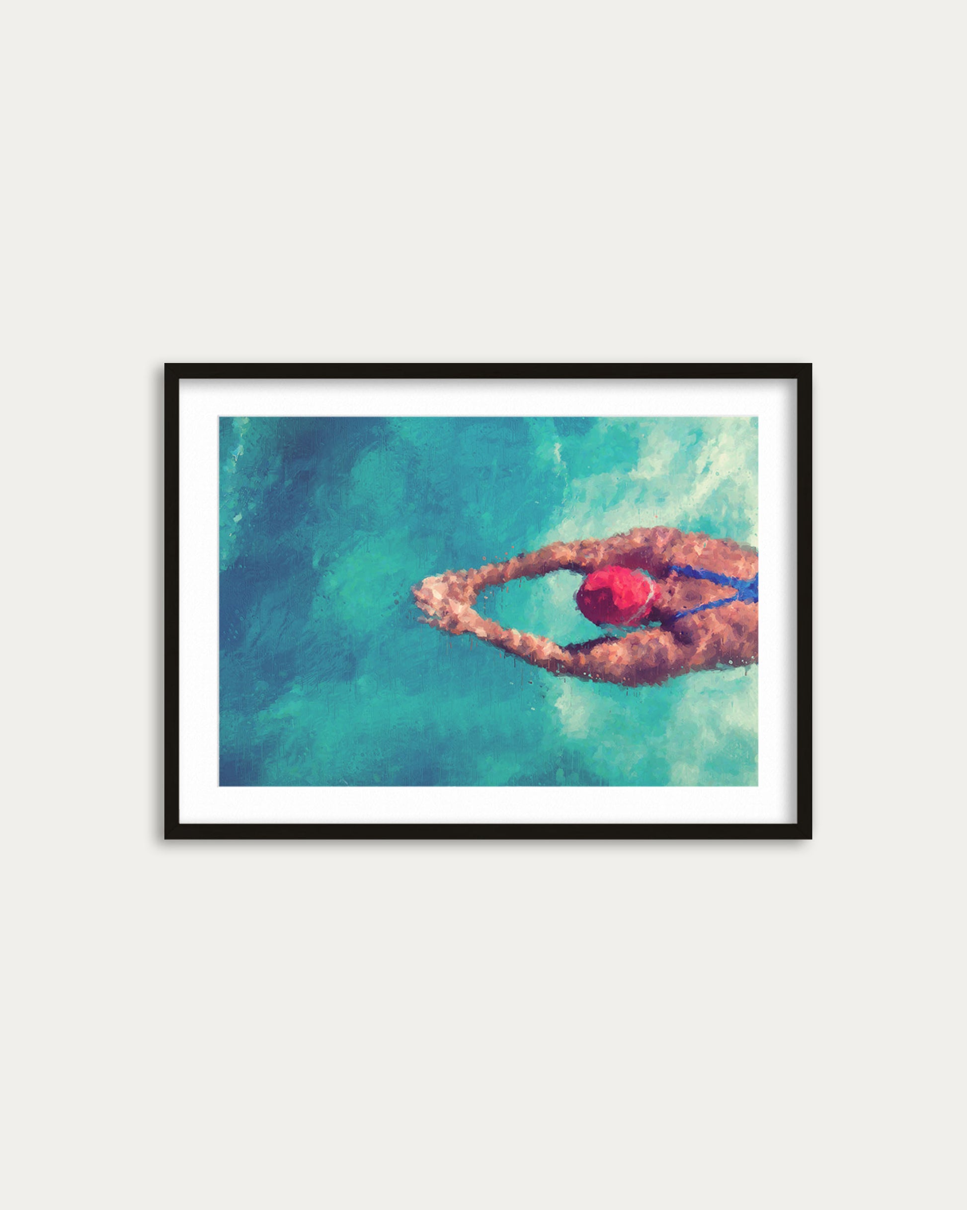 Framed artwork of a swimmer in a pool with a red swim cap.