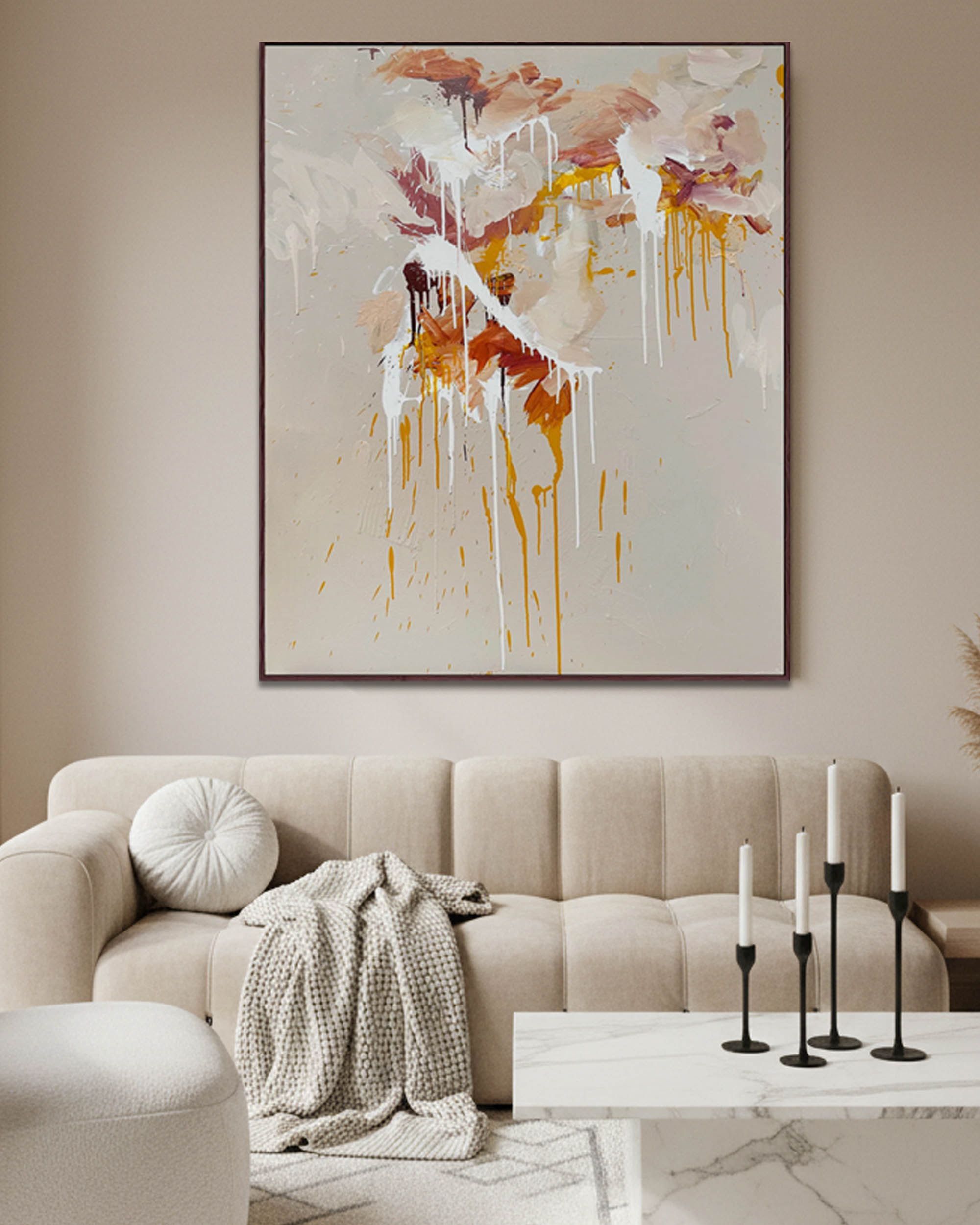 large minimalist abstract painting in neutral colour palette by british artist omar obaid in luxury interior design setting