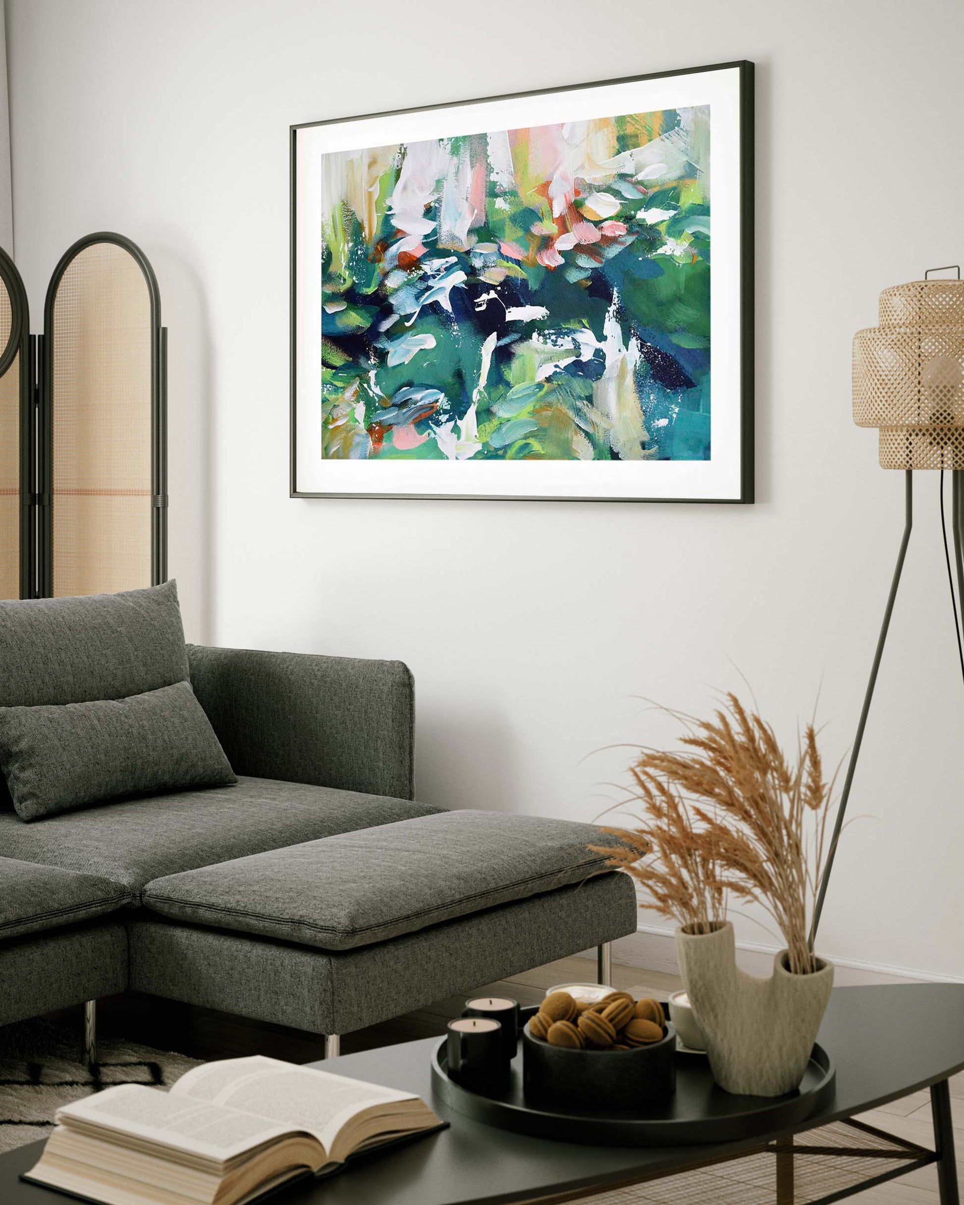 modern green abstract floral wall art framed in stylish modern minimal living room with grey corner sofa
