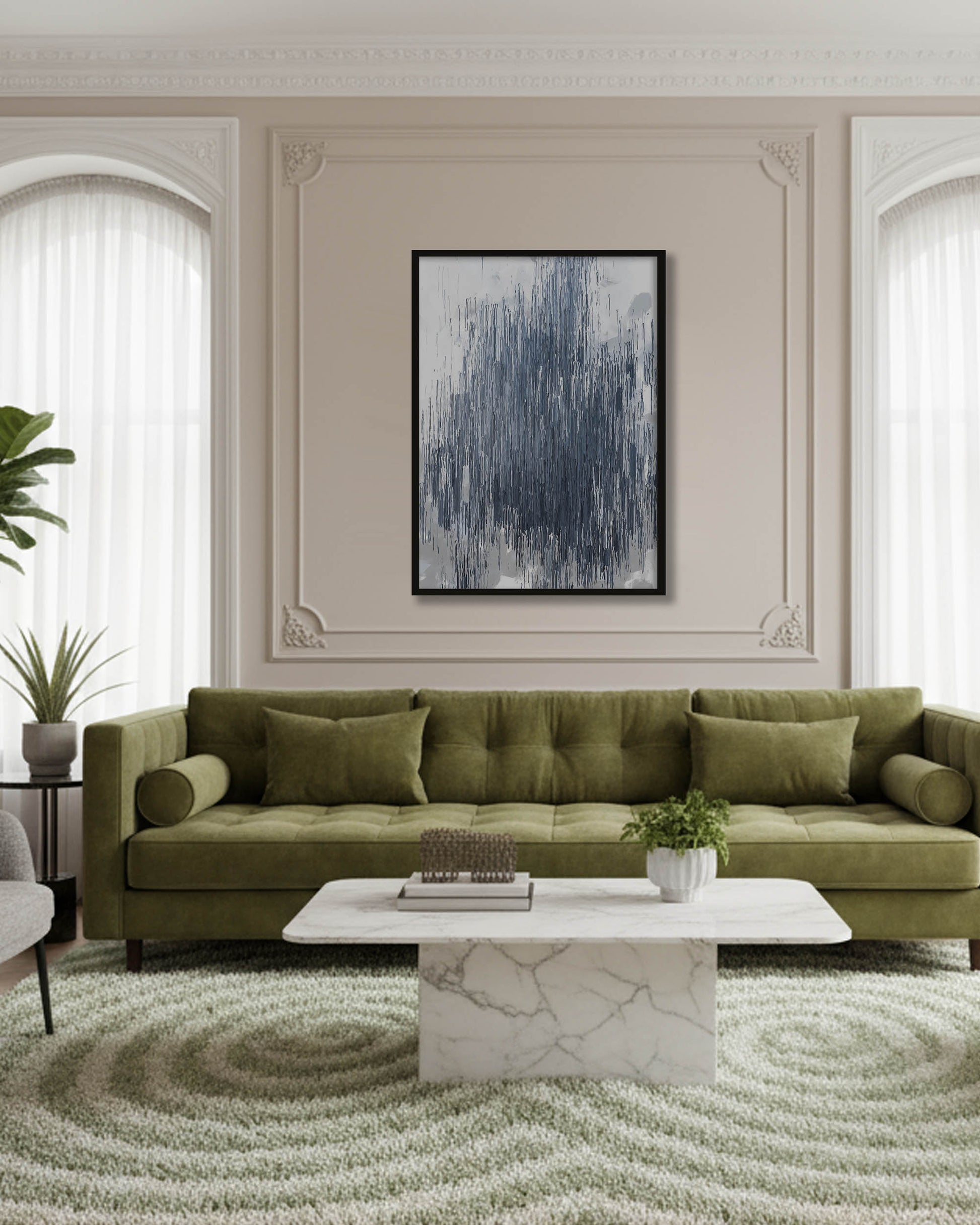 modern olive green large 5 seater sofa with white marble table and large grey abstract wall art on neutral wall
