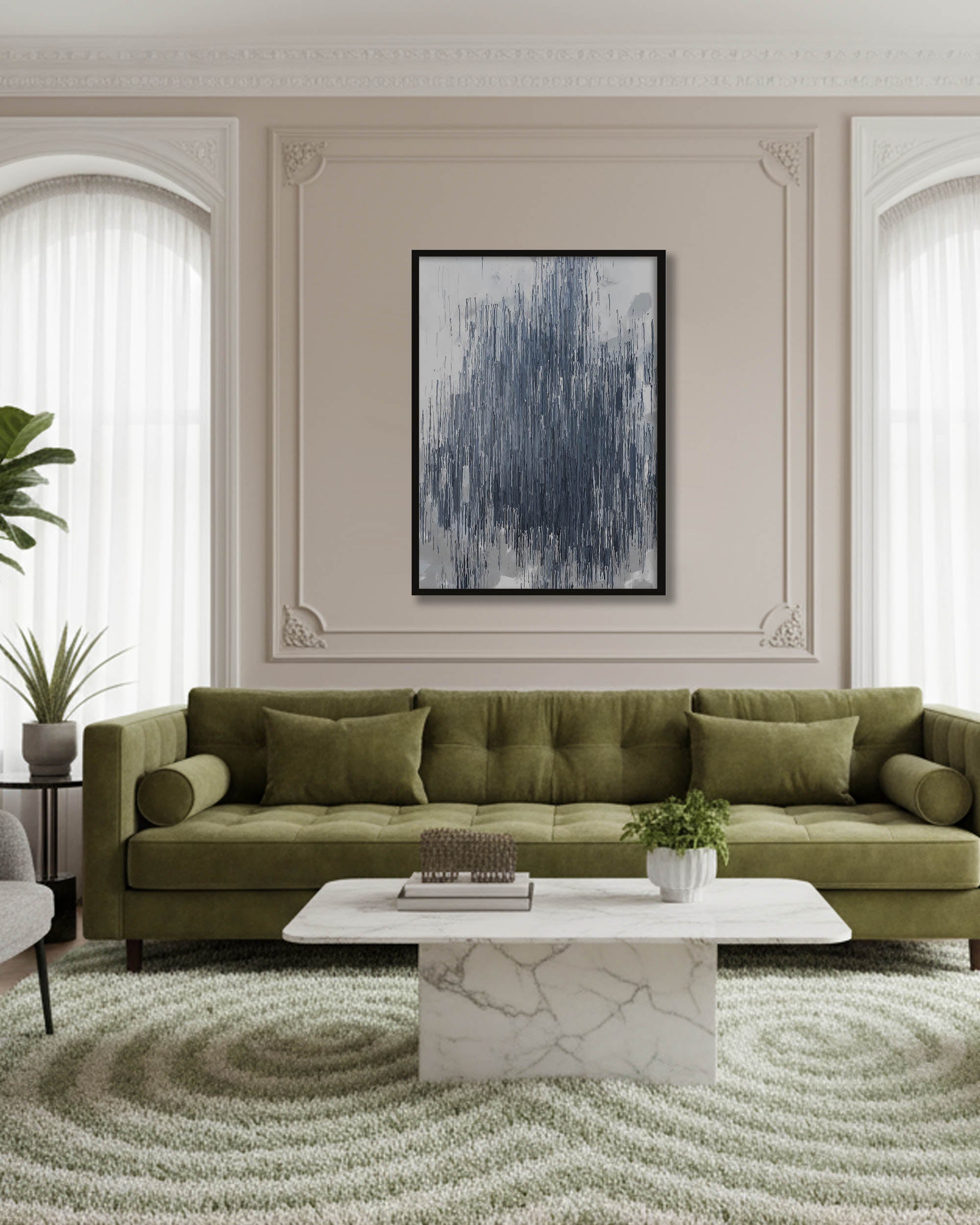 modern olive green large 5 seater sofa with white marble table and large grey abstract wall art on neutral wall