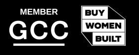 Black and white graphic logo featuring the text 'MEMBER GCC' on the left and 'BUY WOMEN BUILT' inside a stylized folded-paper icon on the right.