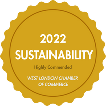 Gold badge with '2022 Sustainability Highly Commended' text from West London Chamber of Commerce