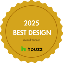 Gold badge with '2025 Best Design' and 'Houzz' logo on a yellow background