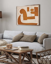 Living room with a grey sofa, wooden coffee table, and large orange autumnal abstract painting on the wall.