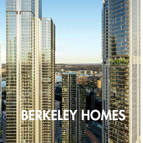 A city skyline with tall modern glass skyscrapers, including two prominent buildings on the left and right, with the text 'BERKELEY HOMES' overlaid across the lower center.