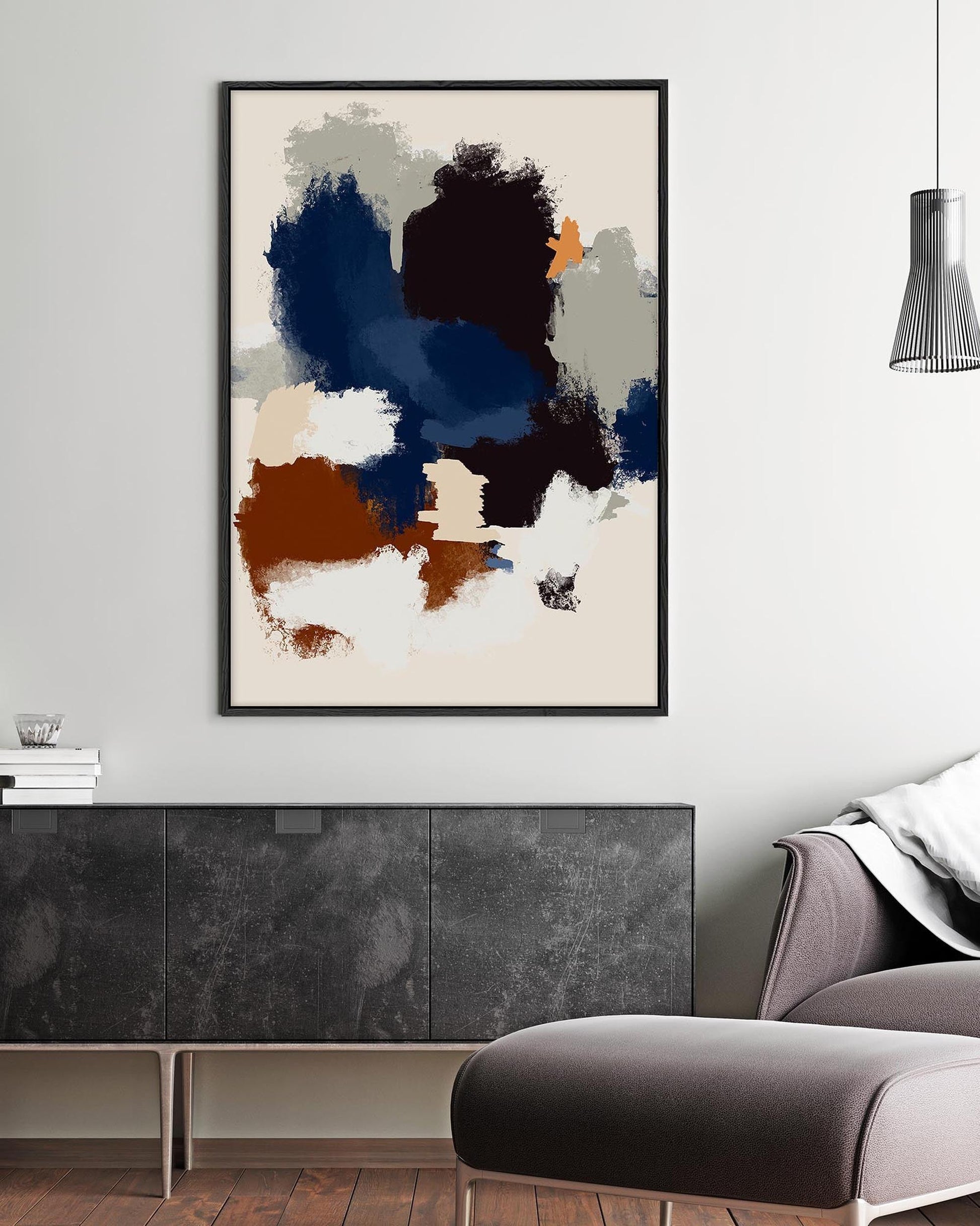 Abstract art print on a wall in a modern living room