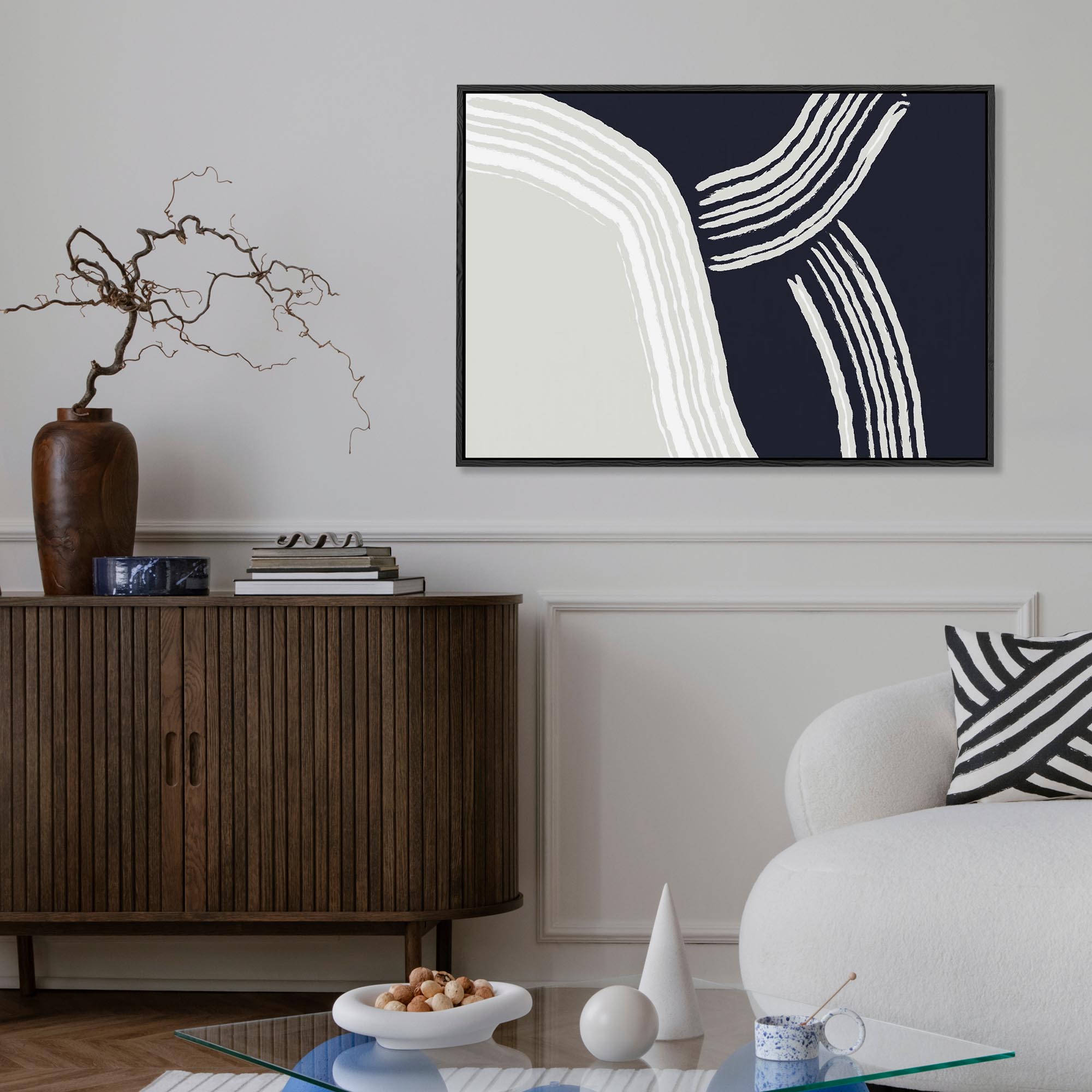 Navy Retro Curve Framed Canvas Art-Abstract House