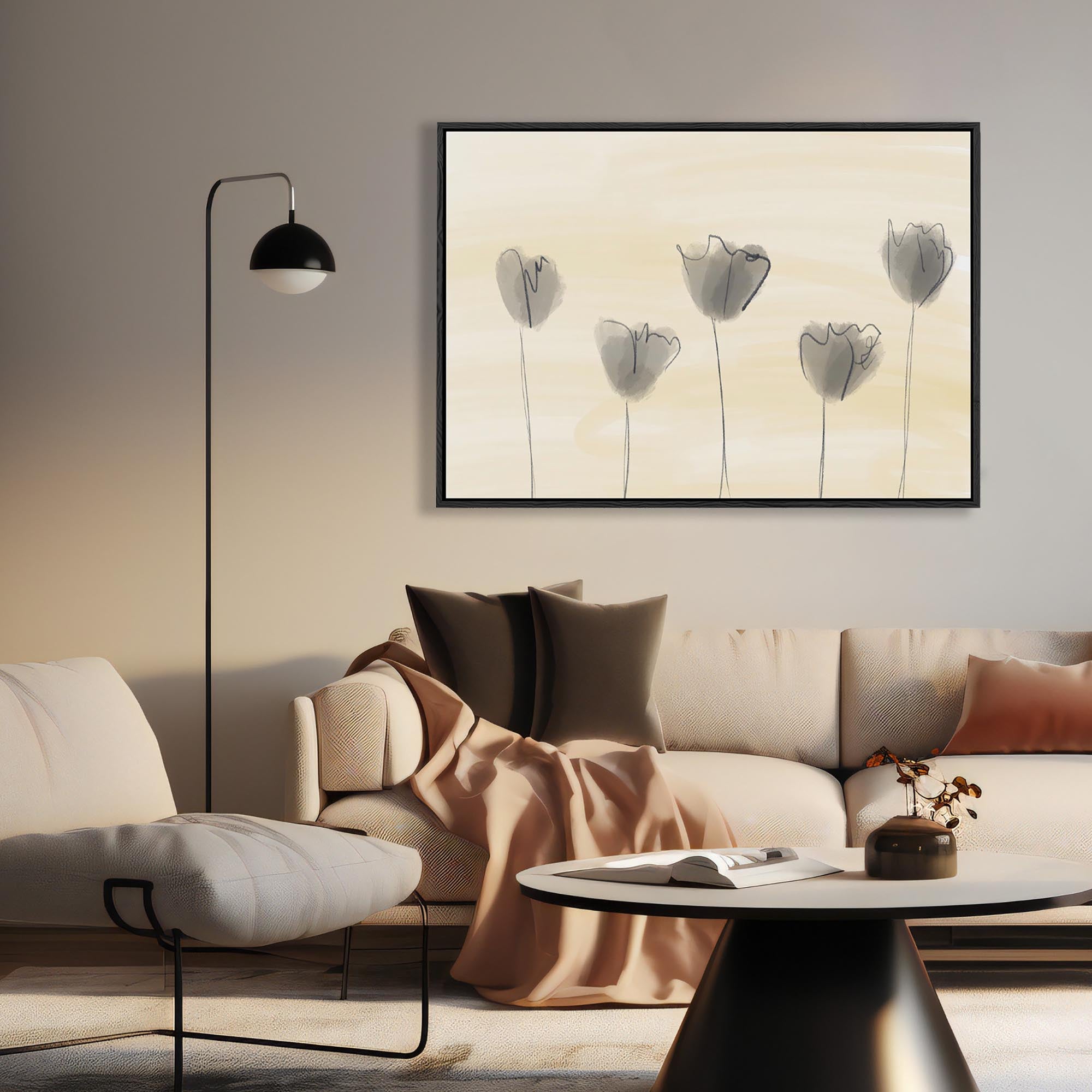 Grey Poppies In Field Framed Canvas-Abstract House