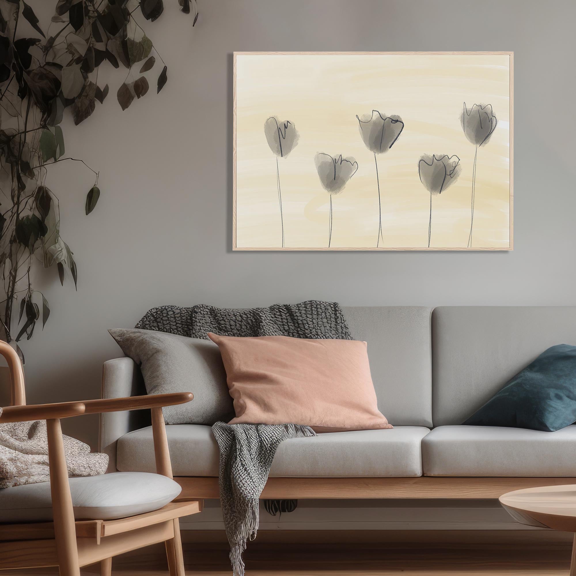 Grey Poppies In Field Framed Canvas-Abstract House