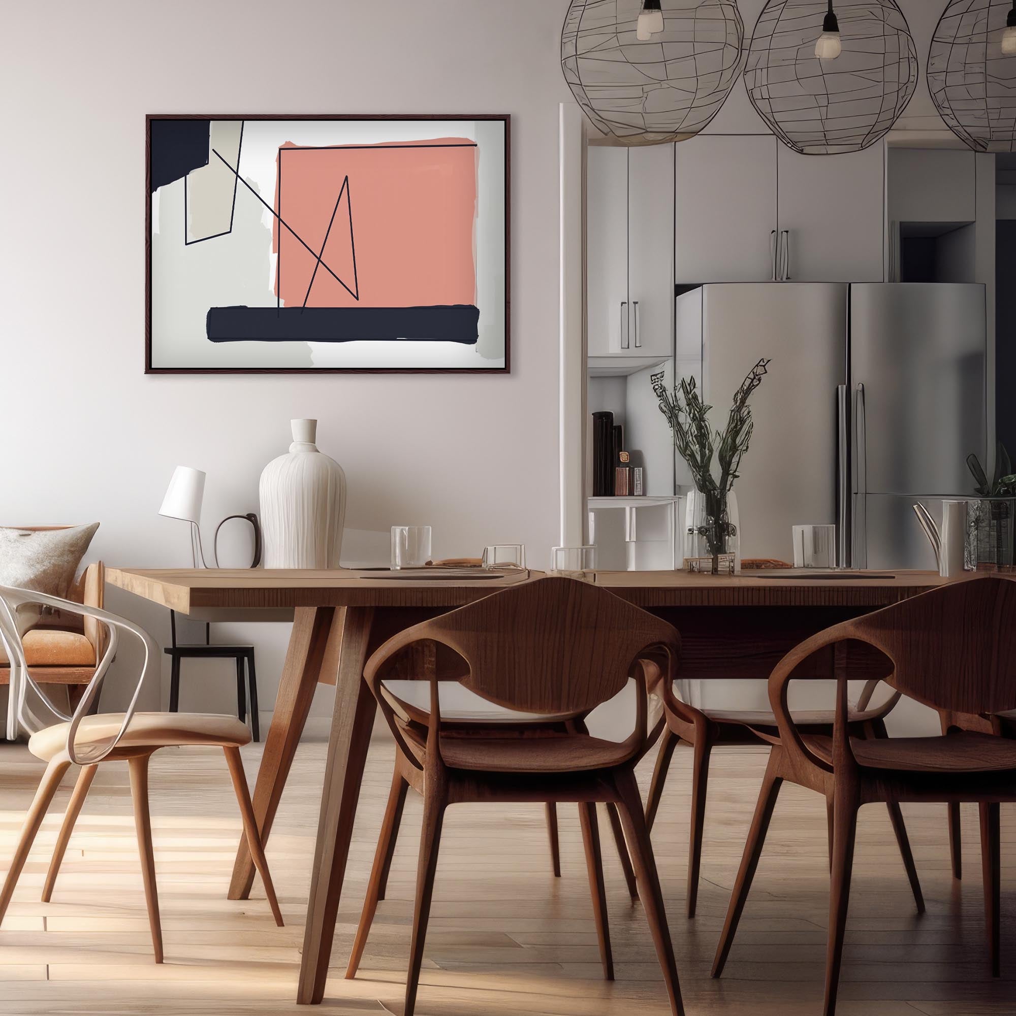 Coral On Grey Shapes Framed Canvas-Abstract House