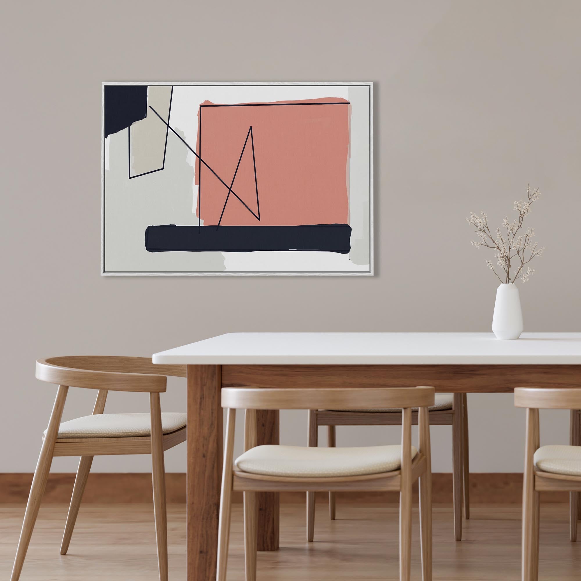 Coral On Grey Shapes Framed Canvas-Abstract House