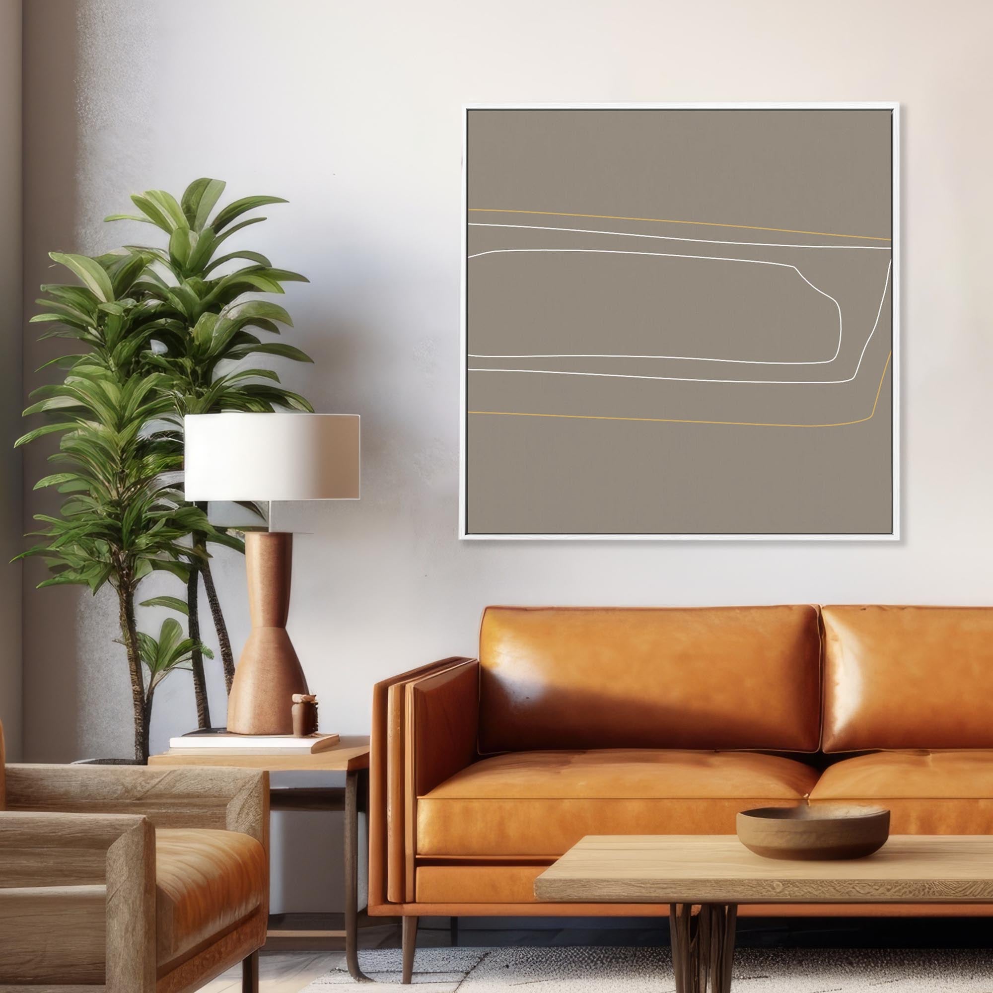 Brown On White Gold Lines Framed Canvas-Abstract House