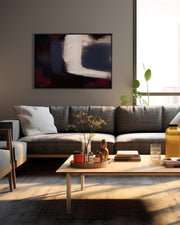 Modern living room with a gray sofa, wooden coffee table, and abstract painting on the wall.