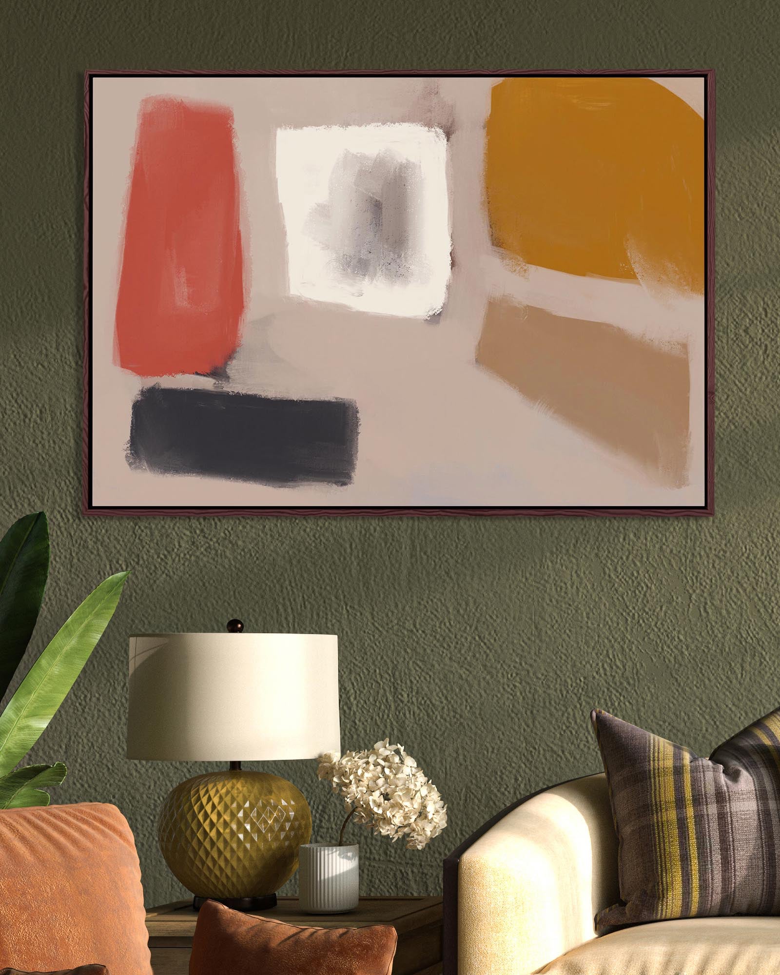 Abstract painting on a wall with a lamp and plant in a living room setting