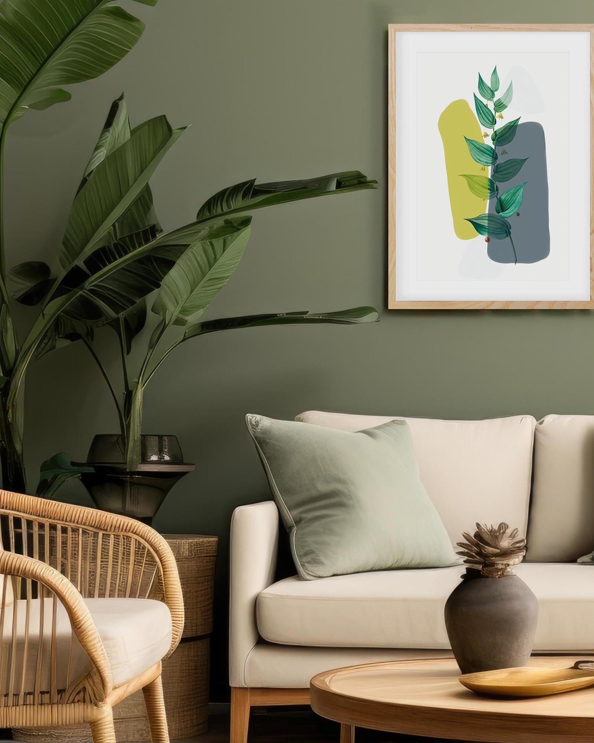 Living room with a beige sofa, wicker chair, and abstract art on the wall.
