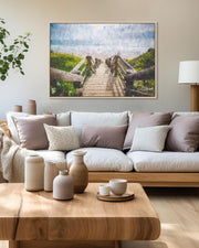 Modern living room with a wooden sofa, coffee table, and decorative items.