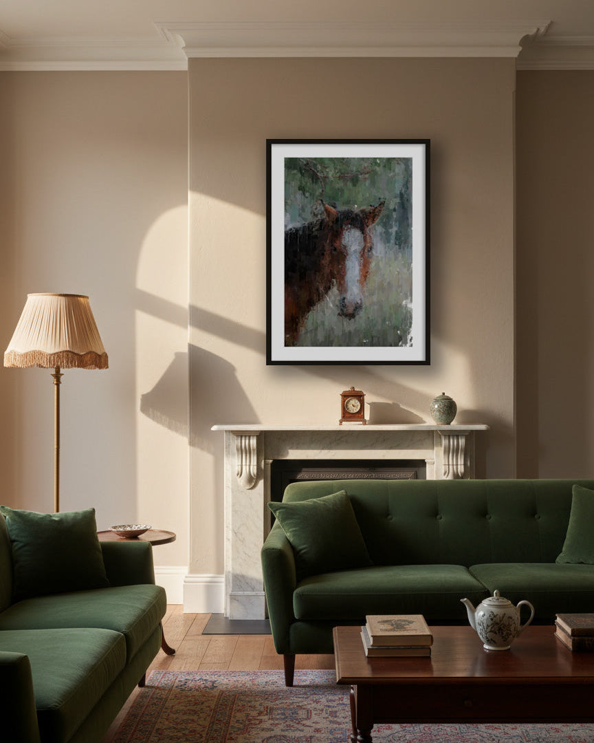 Living room with green sofa, framed horse painting, and lamp.