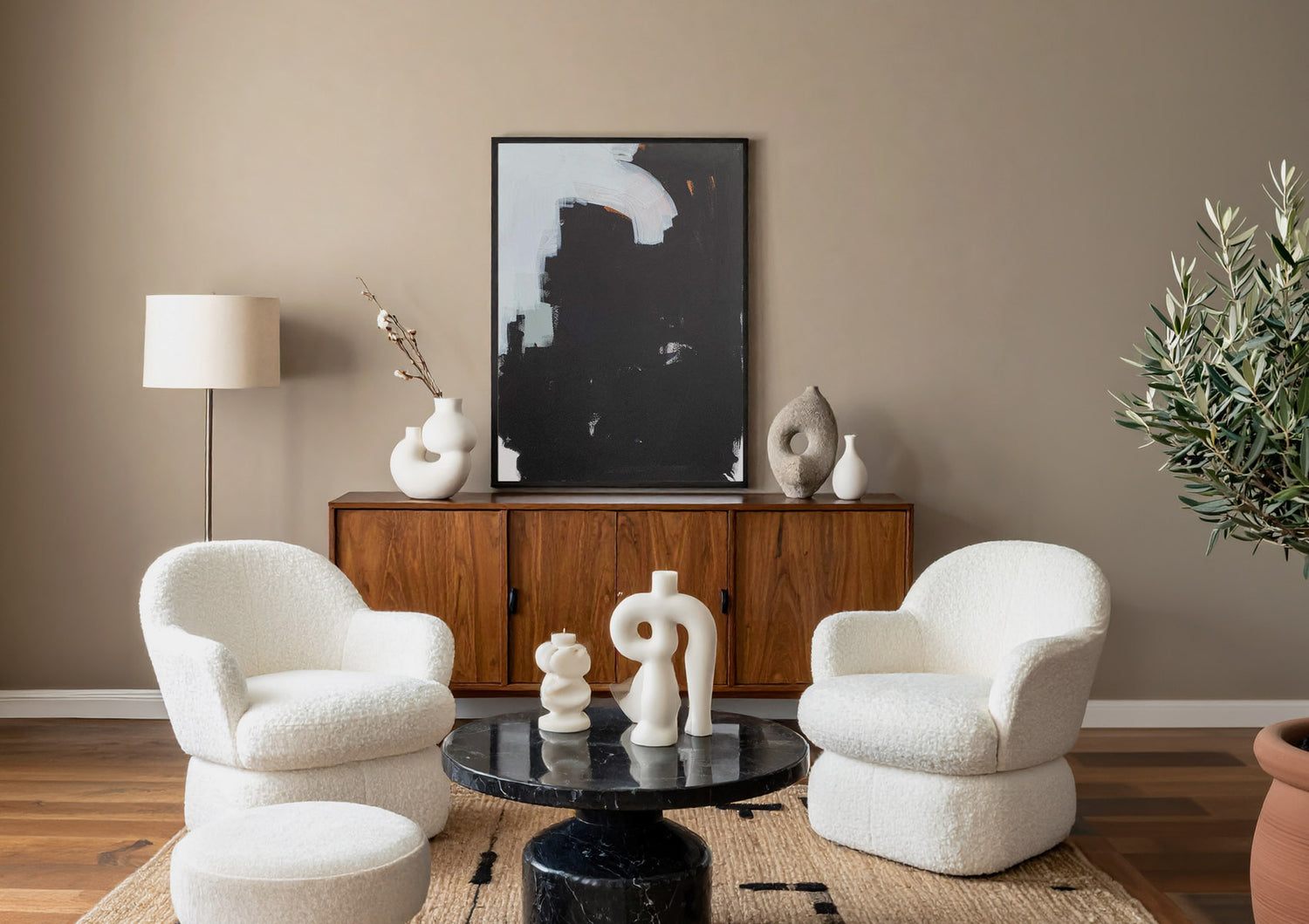 Original art for interior design modern living room with white armchairs, a black round table, and decorative vases.
