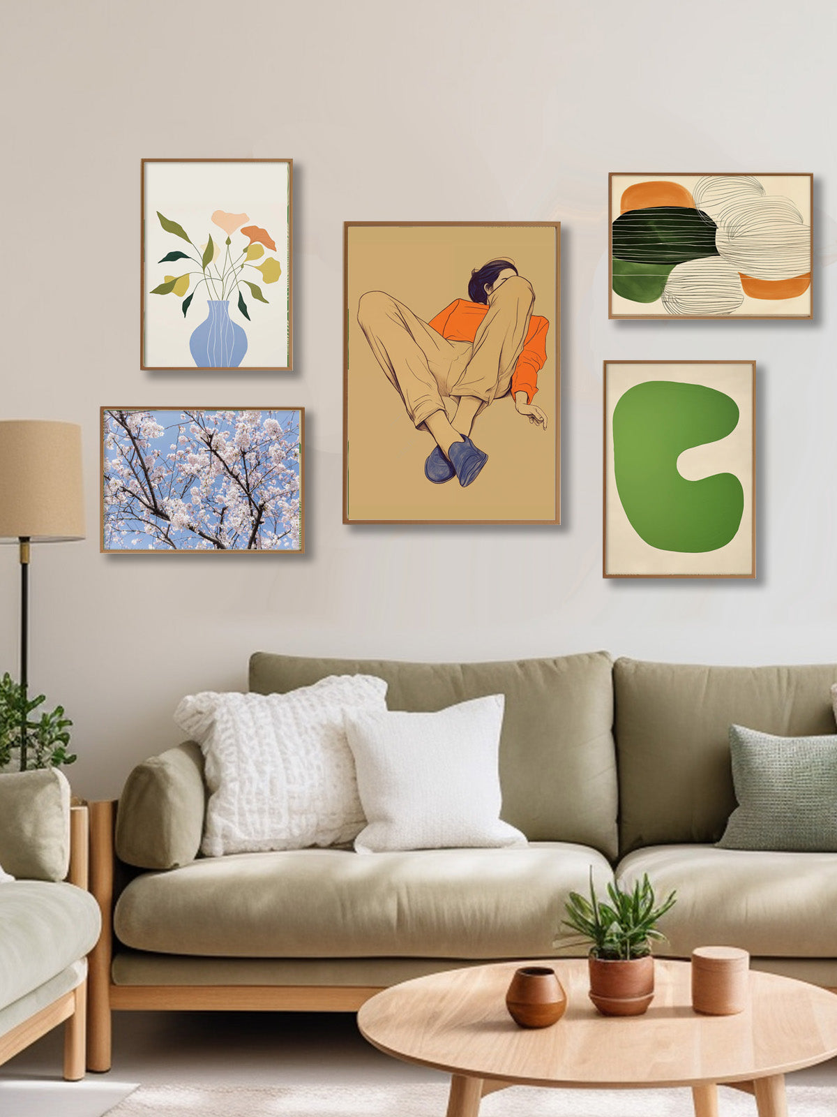 Living room with a beige sofa, coffee table, and wall art