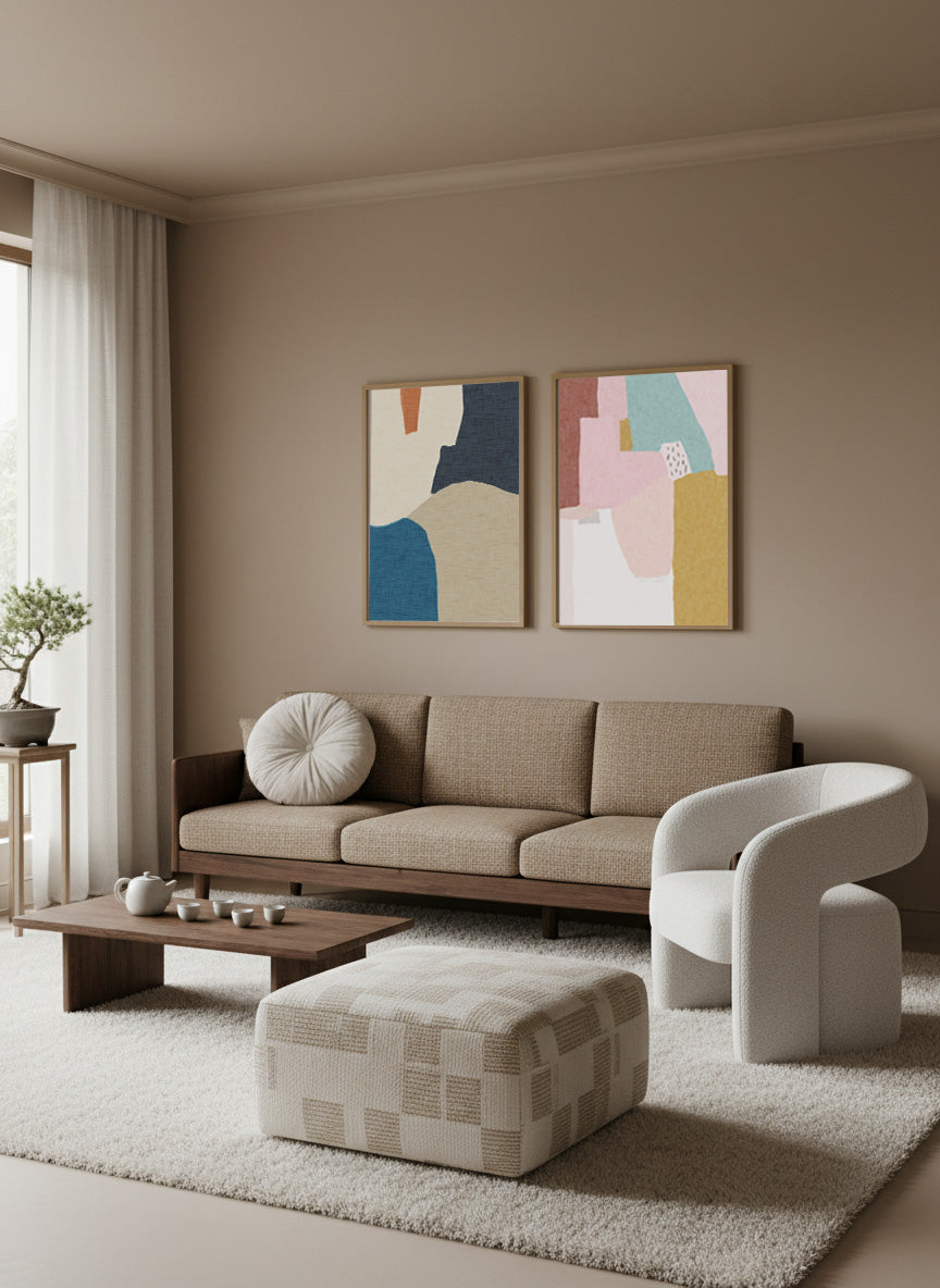 Modern living room with a beige sofa, abstract art on the wall, and decorative items.