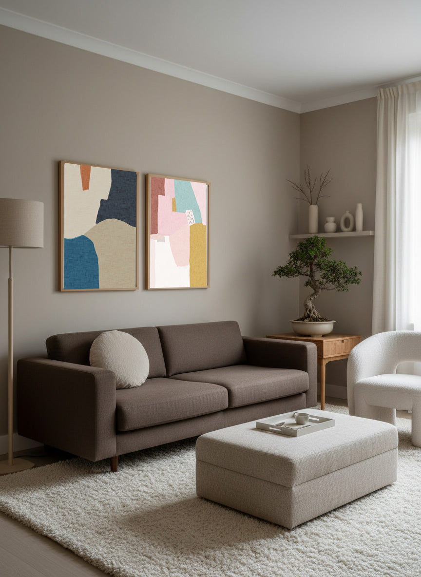 Modern living room with a gray sofa, abstract art, and decorative items.