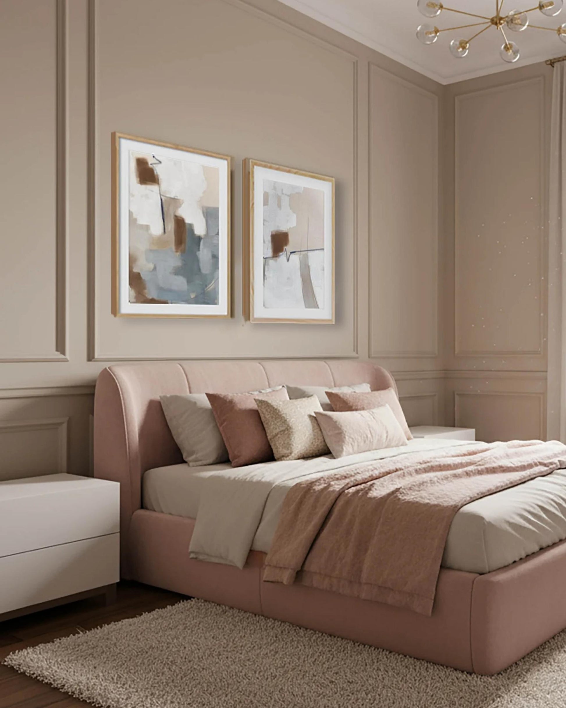 Modern bedroom with pink bed, abstract art, and chandelier