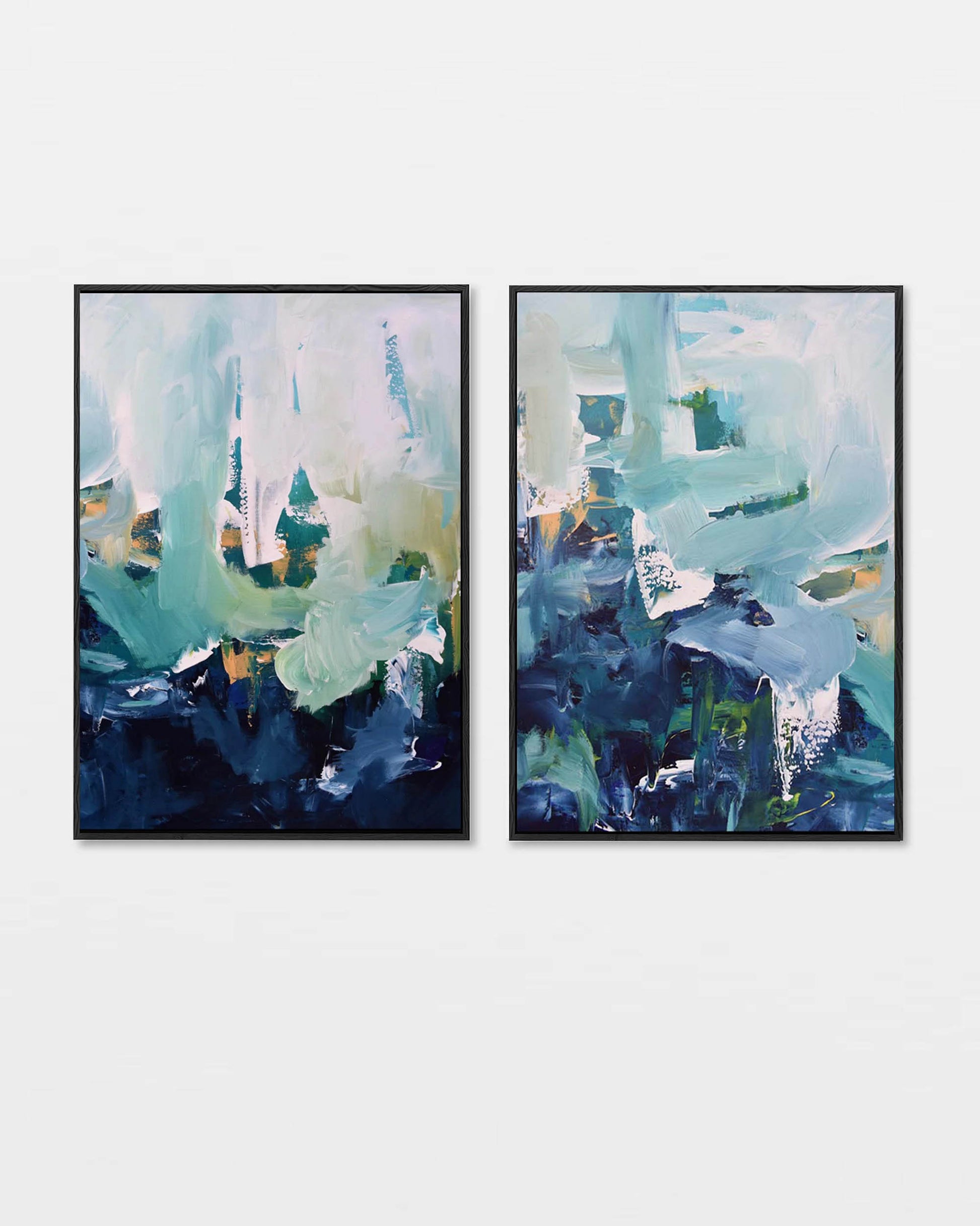 Two abstract paintings in teal, blue, and green tones on a white background