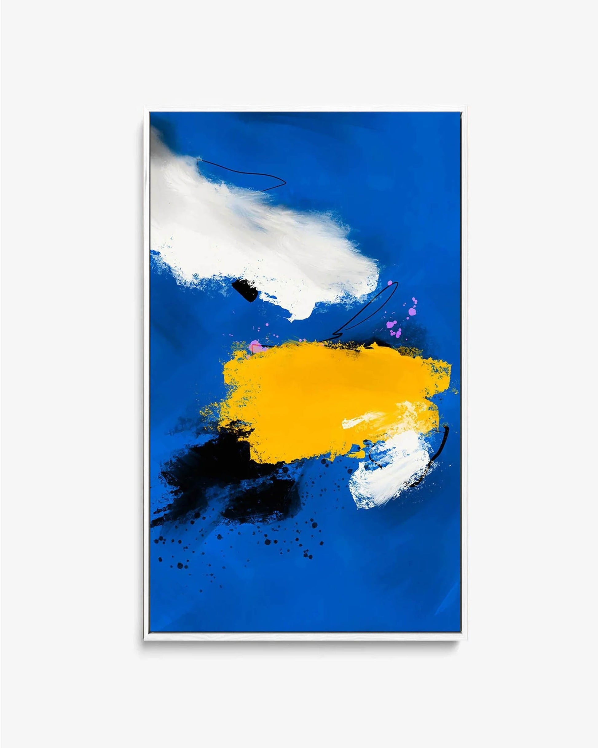 Abstract art print with blue, yellow, and white colors on a white background