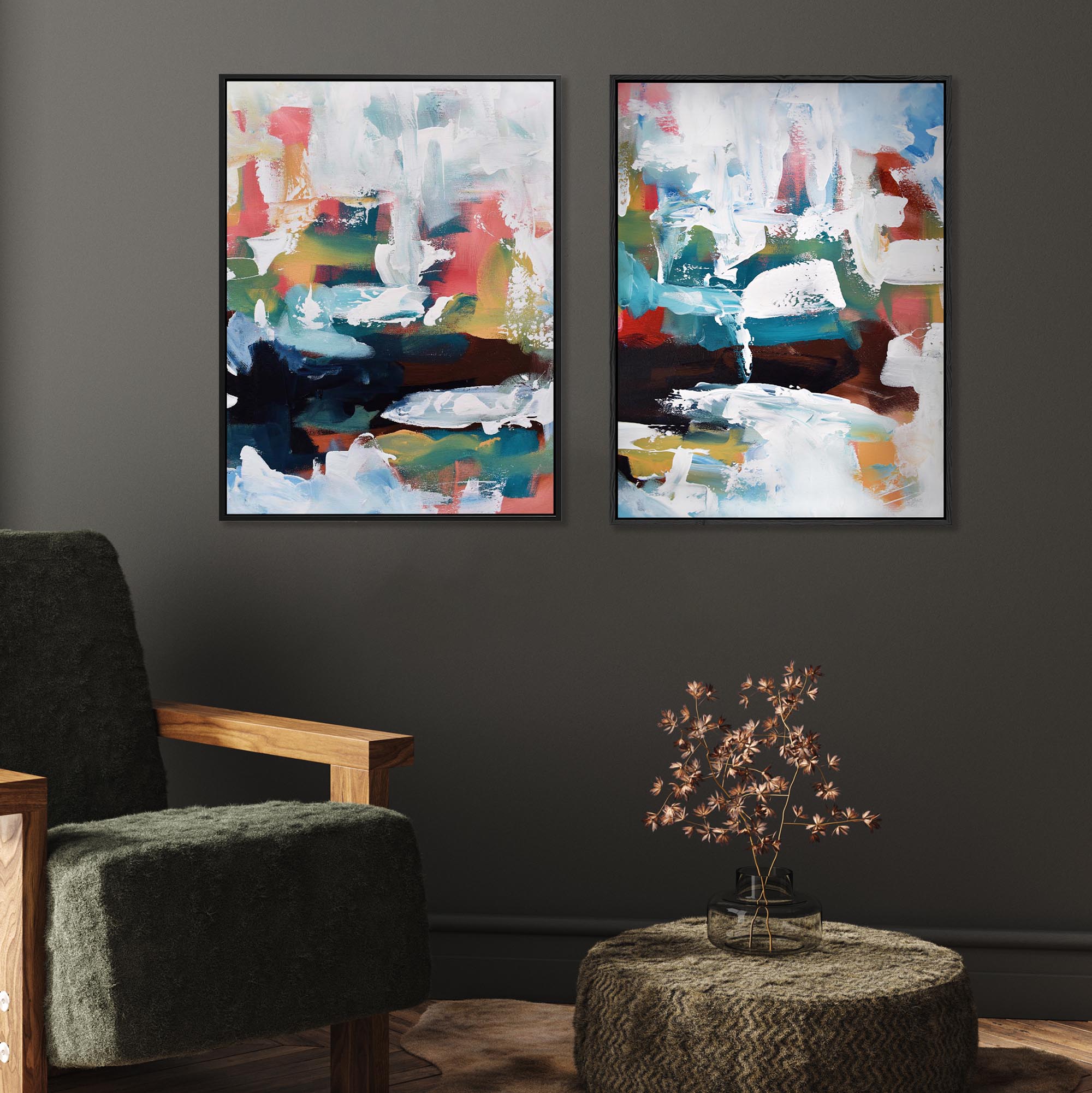Blue And Coral Tones Abstract Canvas Set Of 2-Abstract House