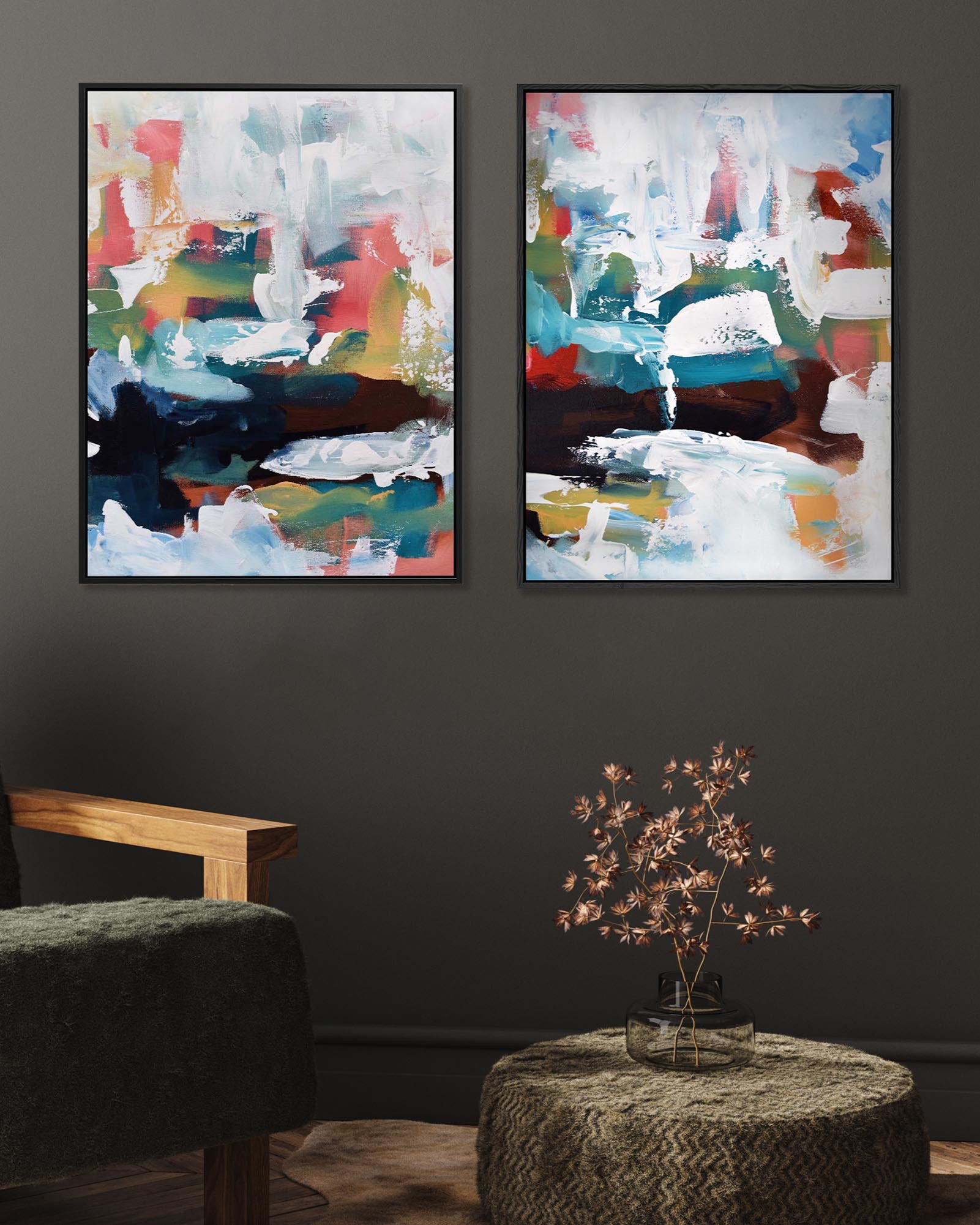 Blue And Coral Tones Abstract Canvas Set Of 2-Abstract House