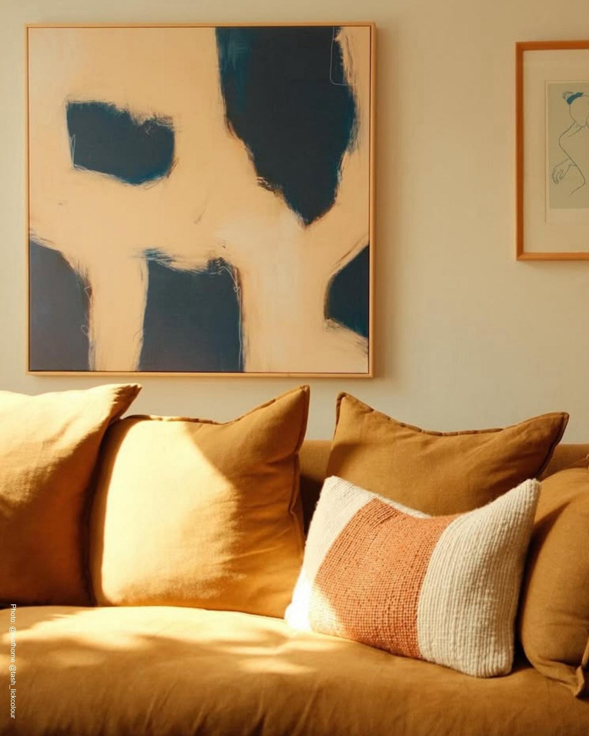 modern bold abstract in navy blue and blush pink on canvas in relaxed Scandi living room with Loaf Home 3 seater sofa