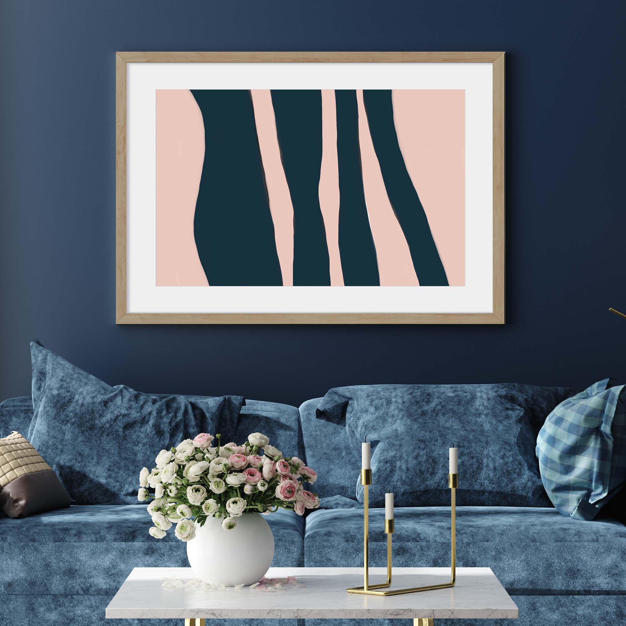 Blush On Navy Stripes Art Print-Abstract House