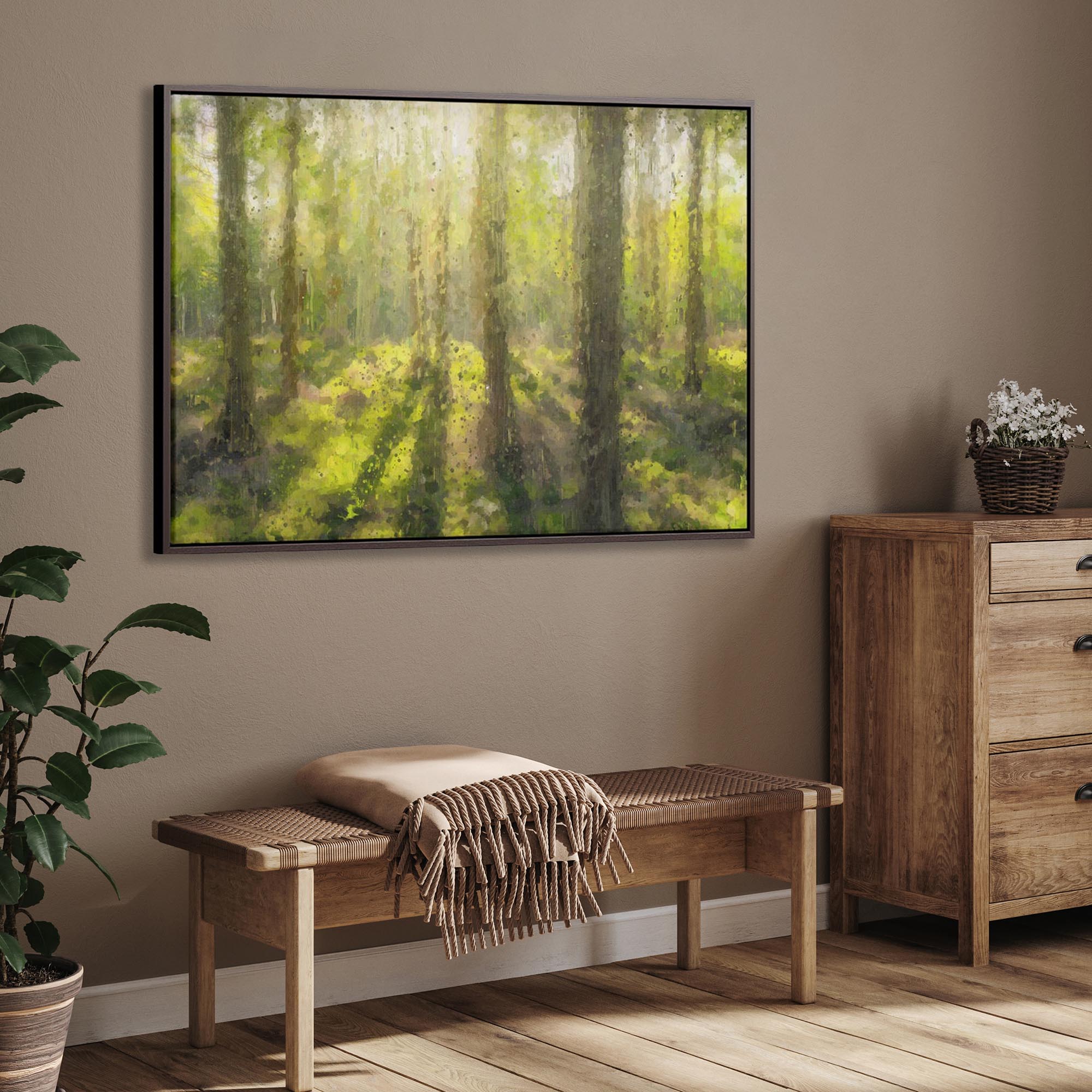 Sunrise Forest Landscape Painting Canvas Print-Abstract House